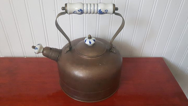 Vintage Copper Tea Pot, Delft Blue/White Porcelain Ceramic handles, w/ Boiling Water Spout