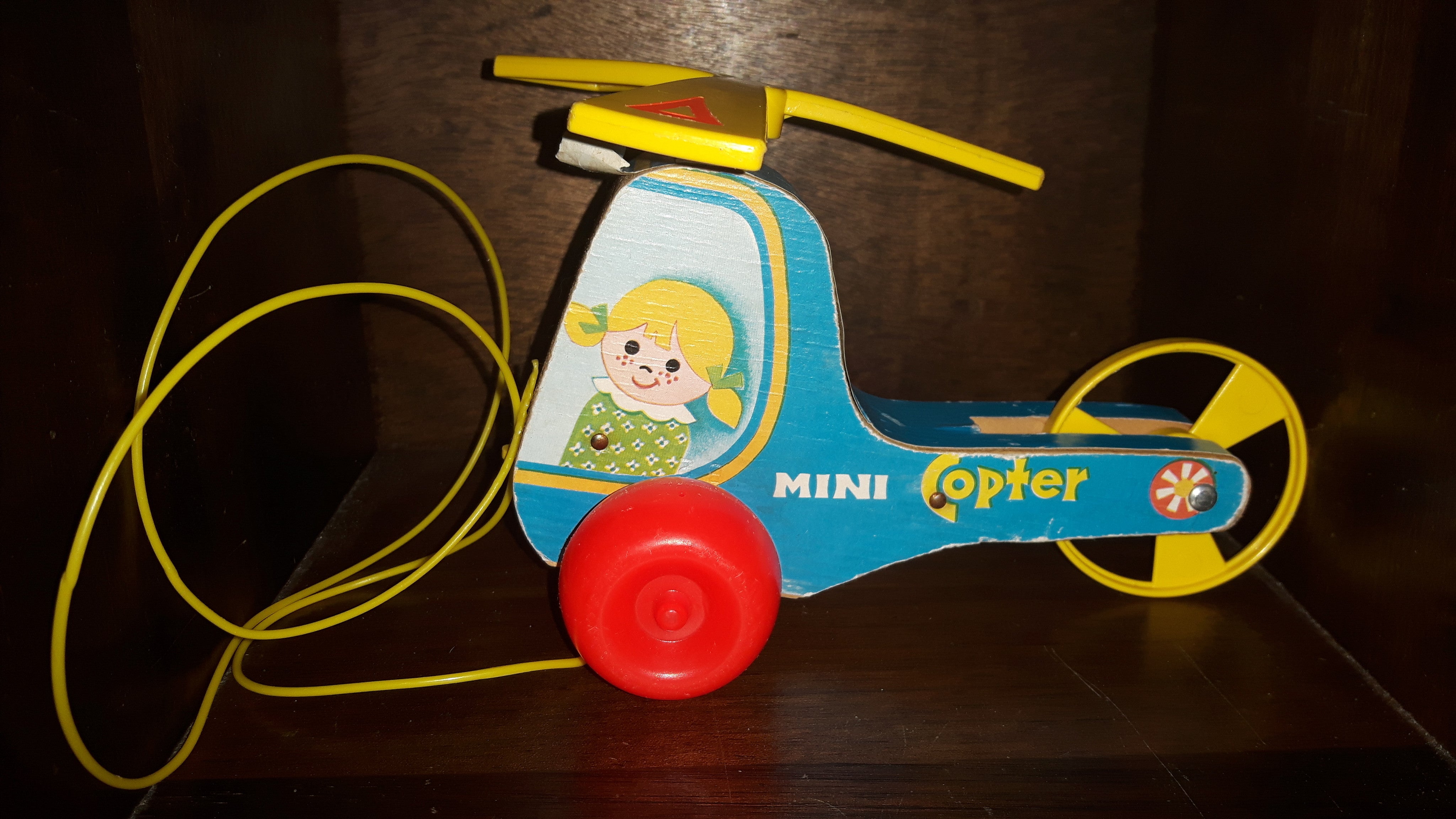 1970 Fisher Price Mini Copter Helicopter Wood Pull Toy