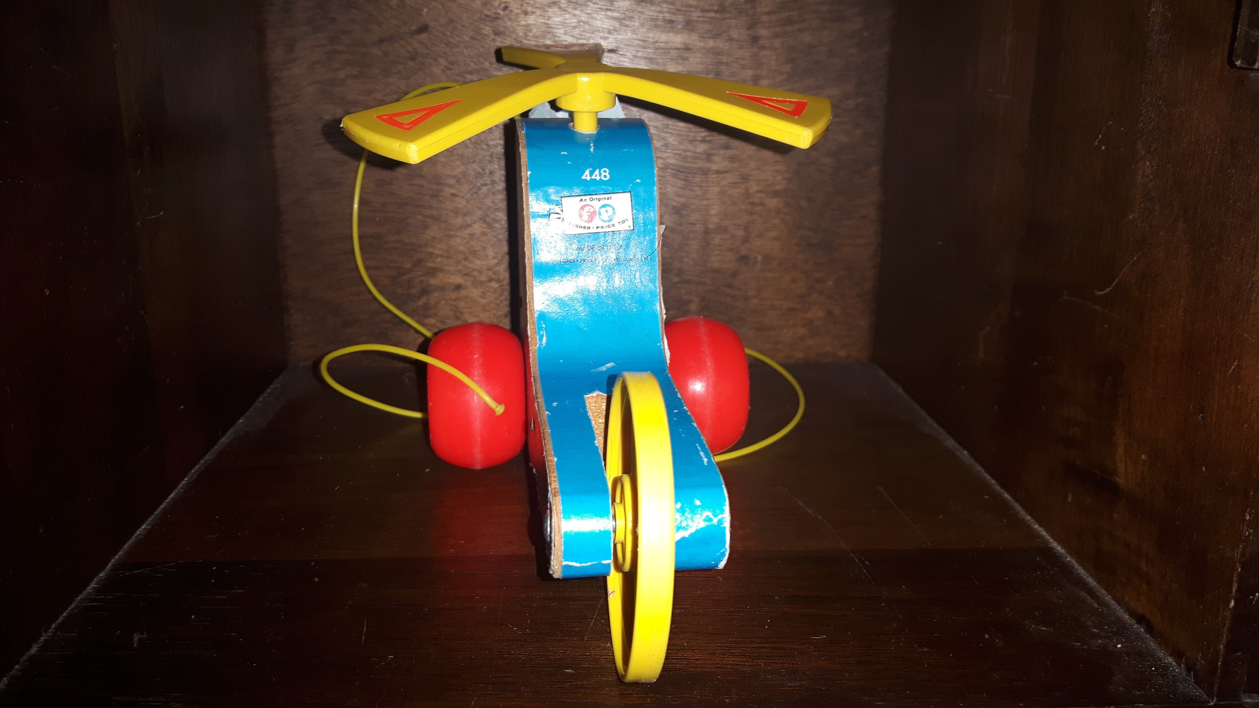 1970 Fisher Price Mini Copter Helicopter Wood Pull Toy 2