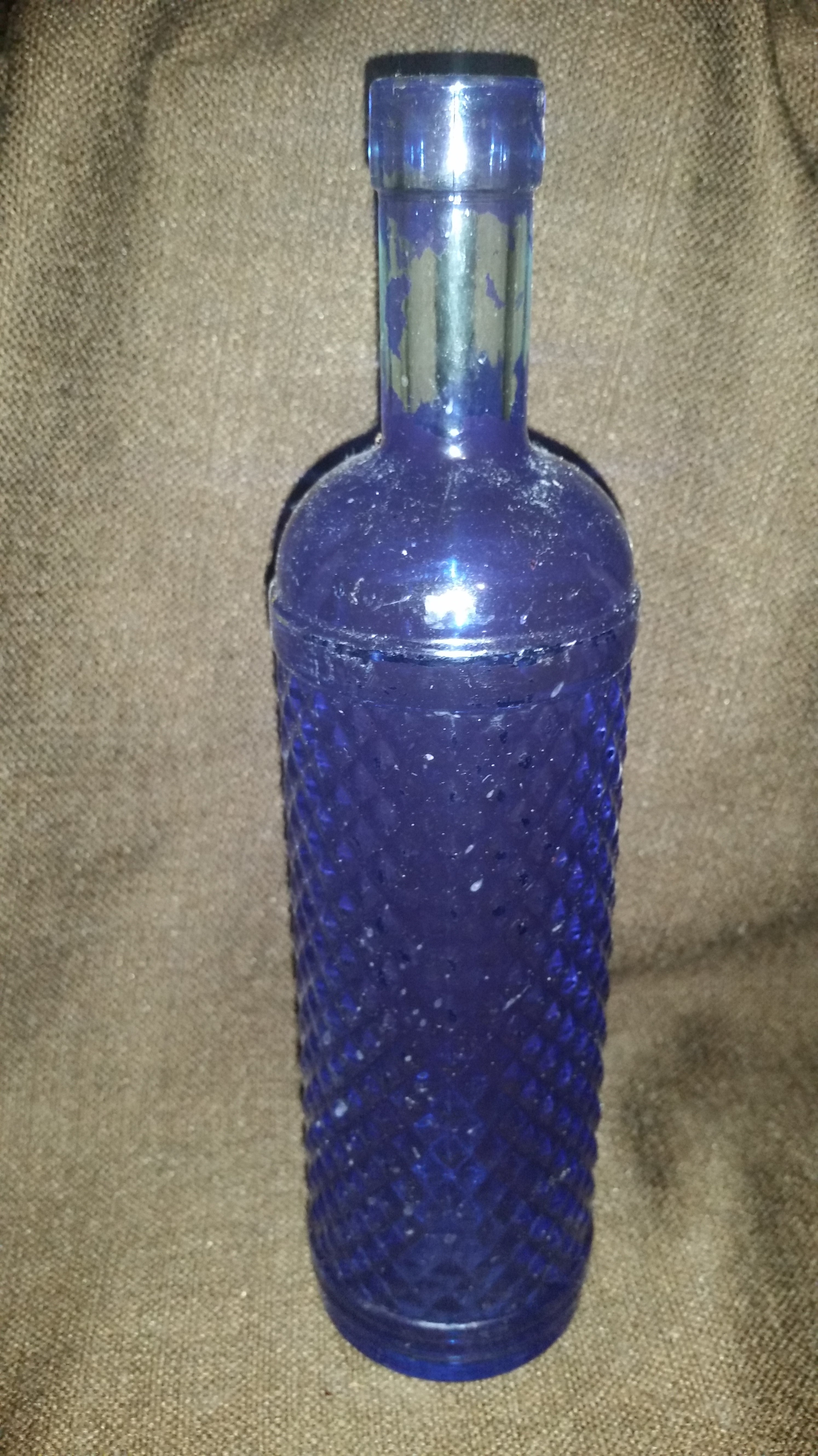 Vintage Blue Painted Raised Glass Wine Bottle Diamond Pattern