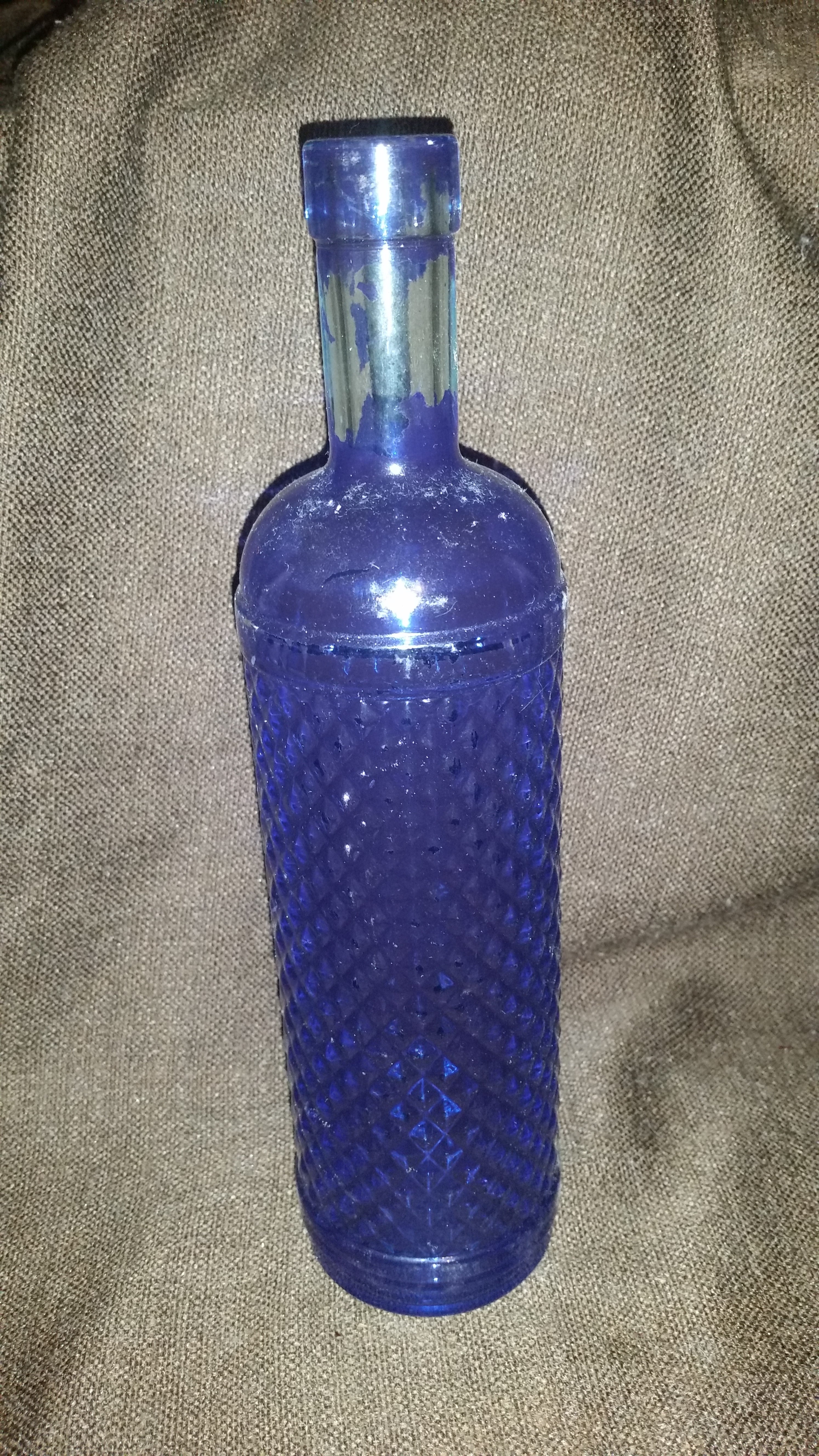 Vintage Blue Painted Raised Glass Wine Bottle Diamond Pattern 2