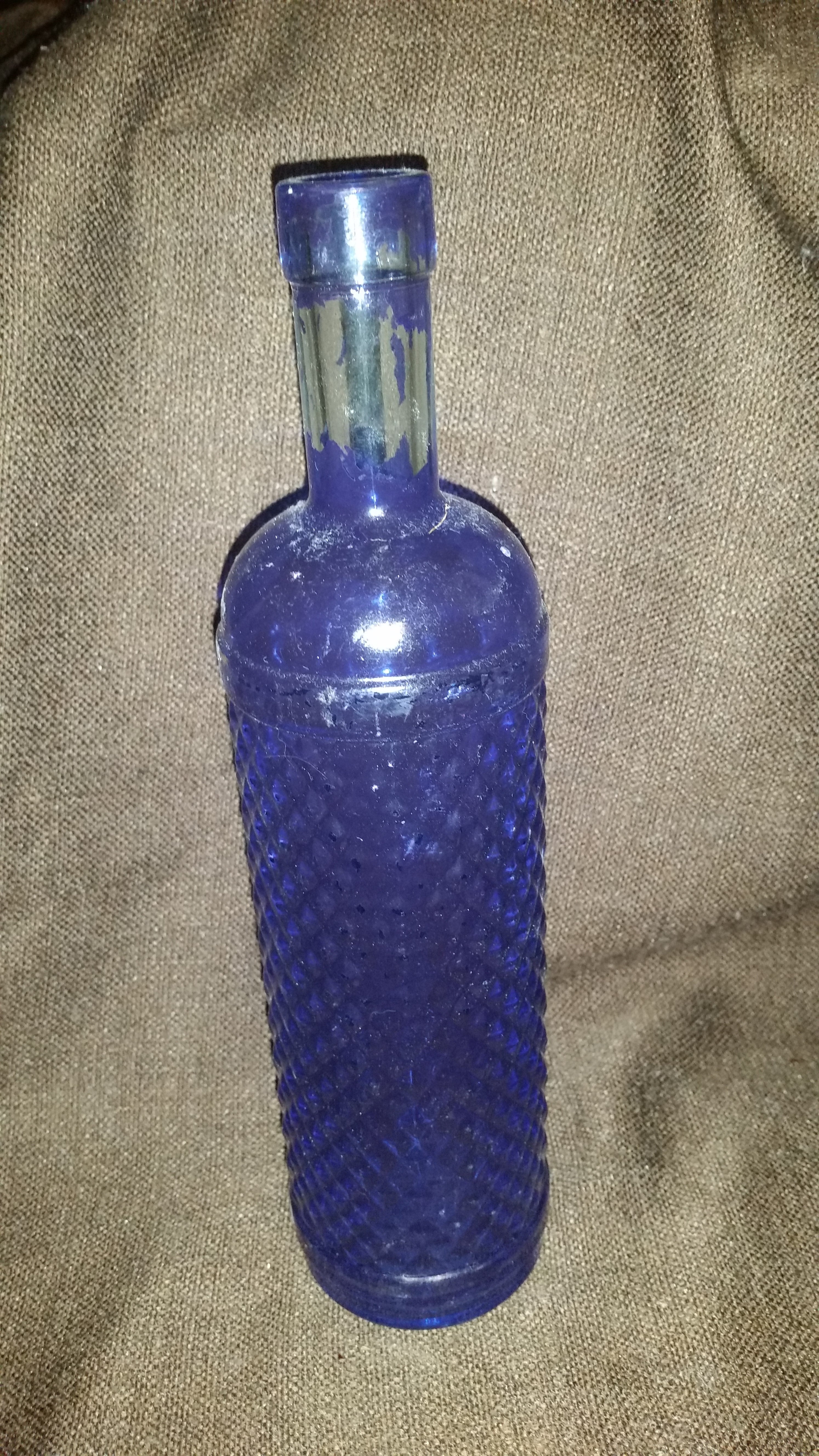 Vintage Blue Painted Raised Glass Wine Bottle Diamond Pattern 3