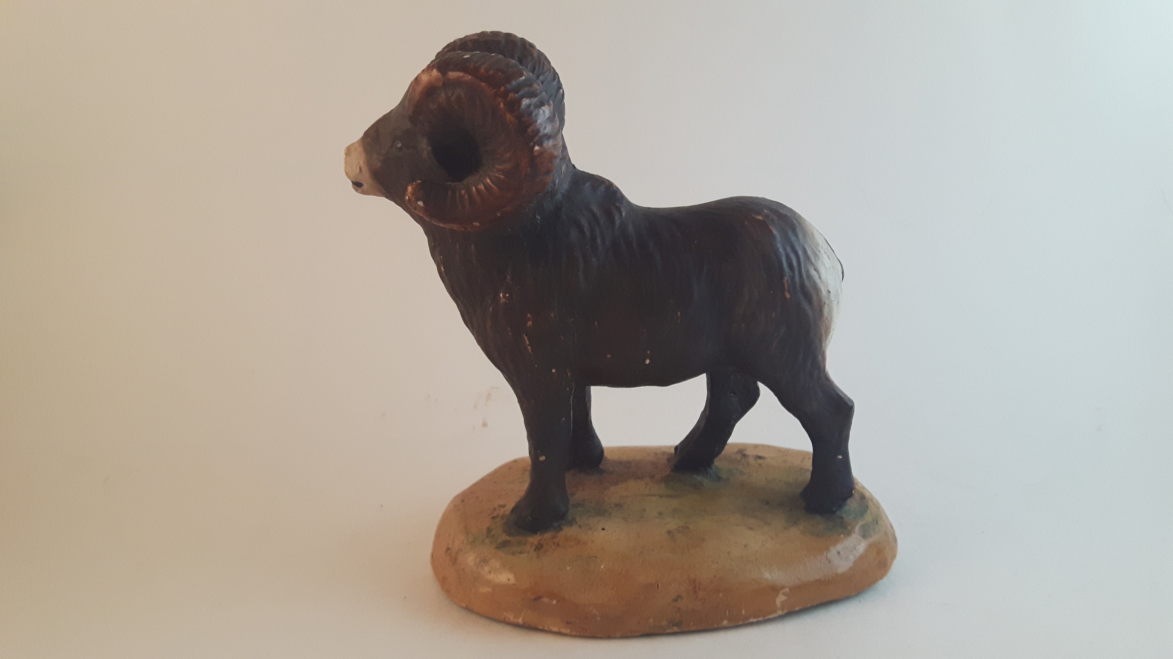 Vintage Ceramic Mounted Ram Figurine Hand Painted