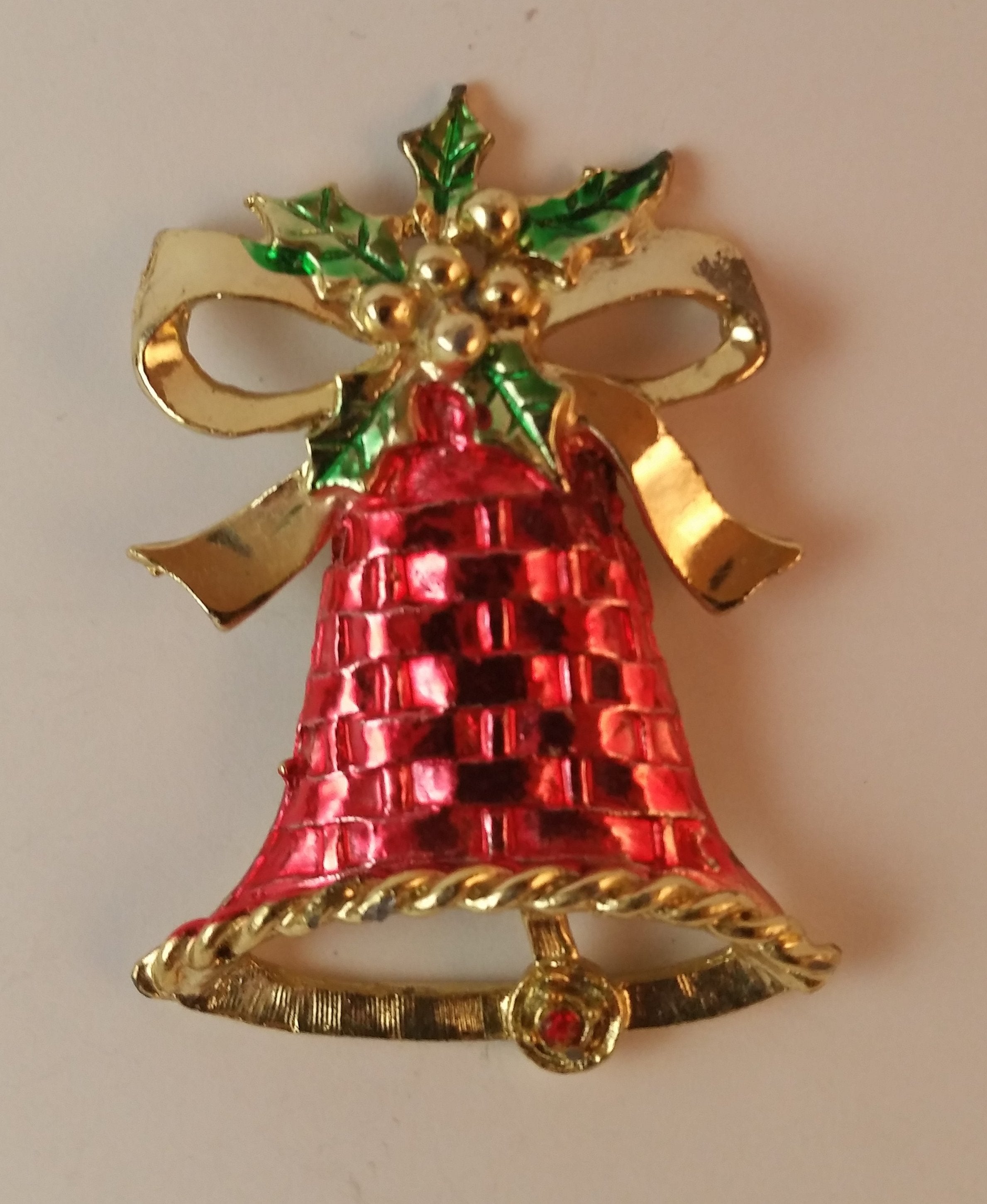 1970s Christmas Bell Ribbon & Holly Brooch Red Gold Green