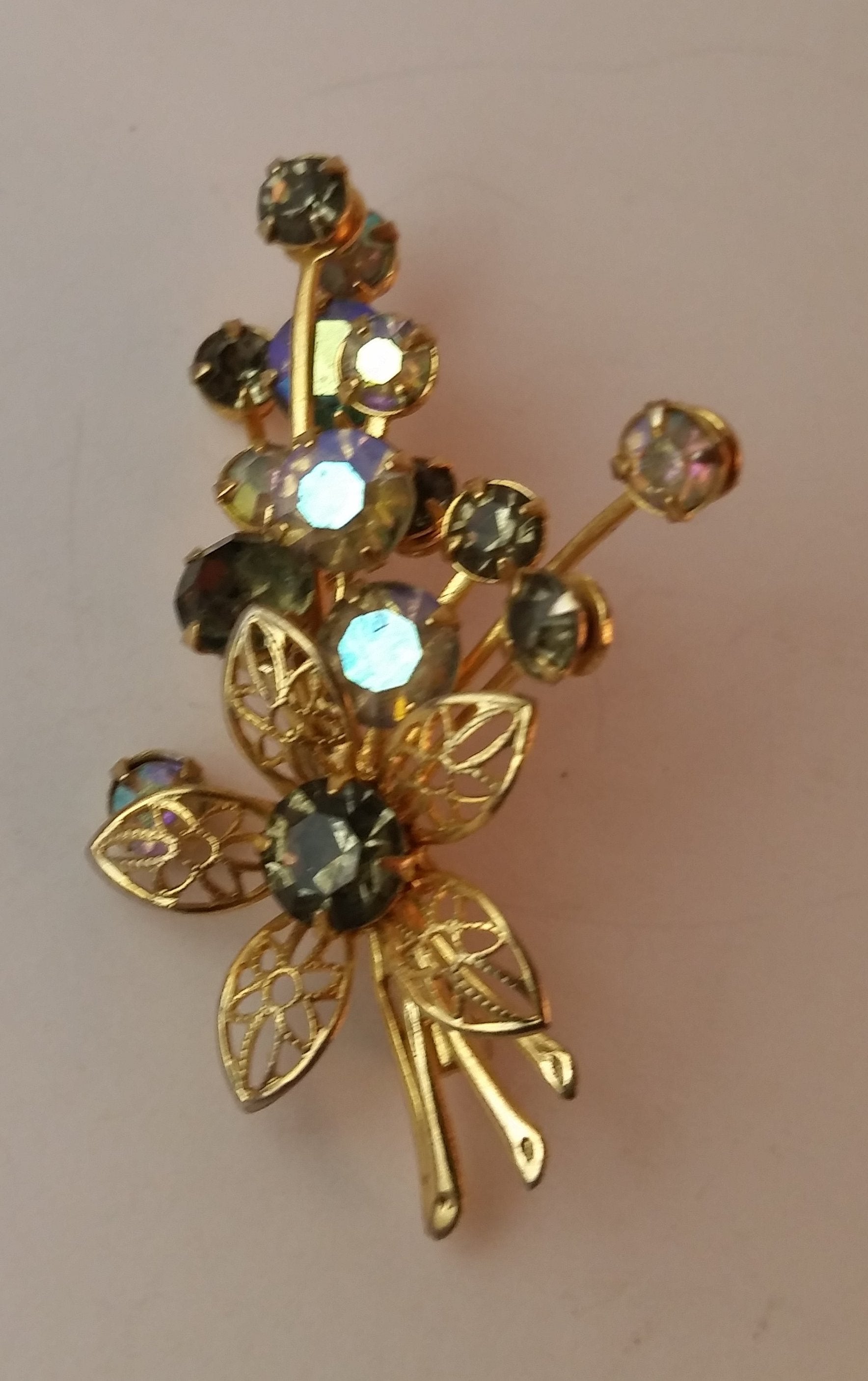 Vintage Crystal Sage Rhinestone Blooming Sage Flower Plant Brooch