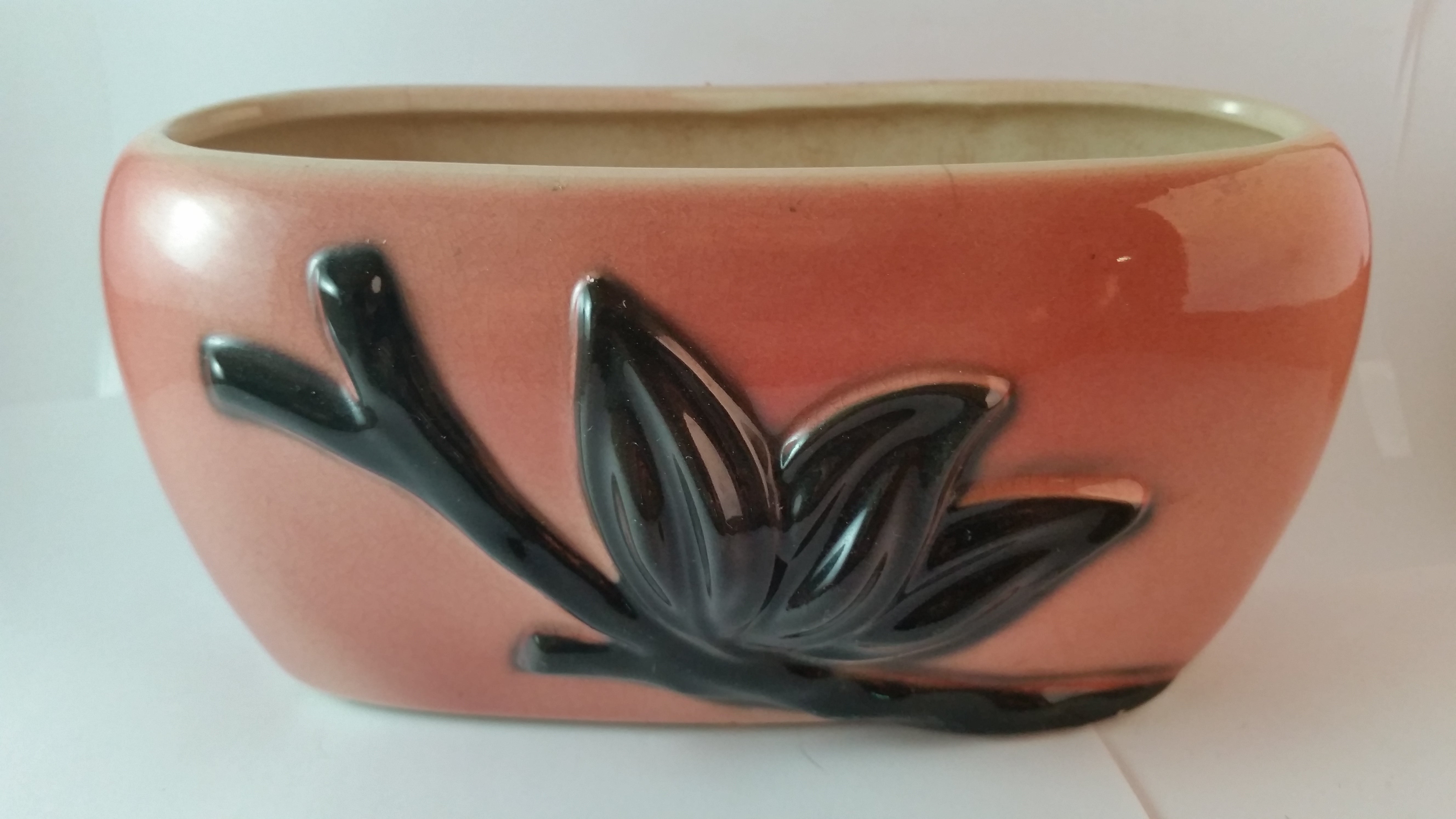 1950s Royal Copley Pink Raised Relief Black Floral Pottery Planter