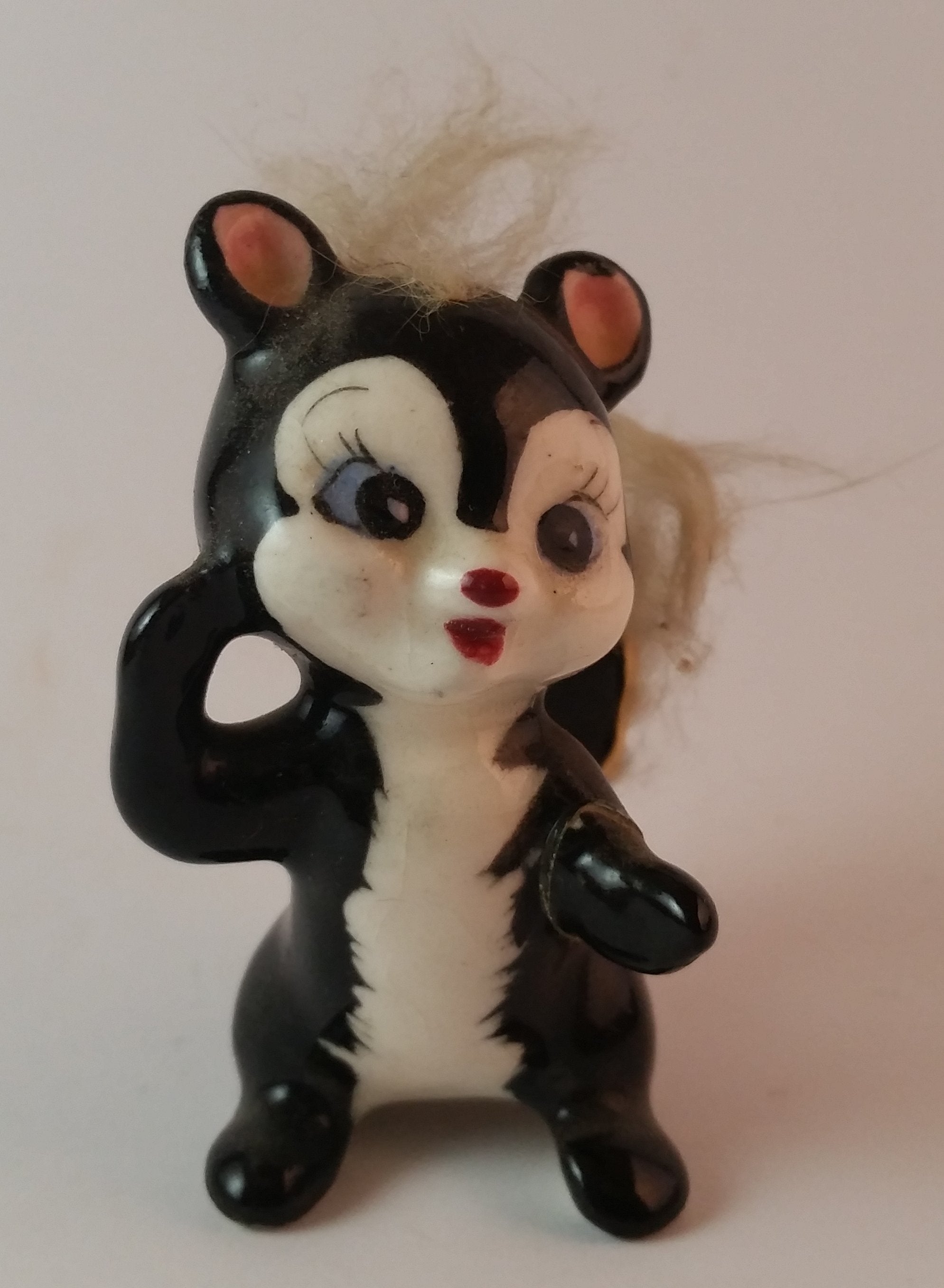 Vintage 1950s Furry Skunk Ceramic Figurine *Has Hair loss*