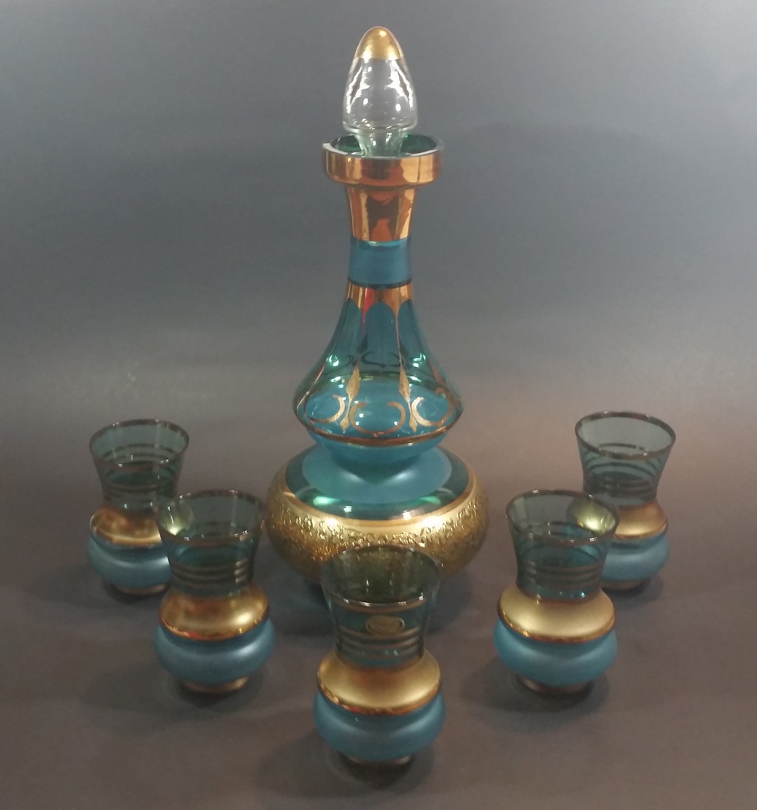 1960s Bohemia Crystal Czechoslovakia Aqua Turquoise Gold Gilt Decanter Set with 5 Glasses
