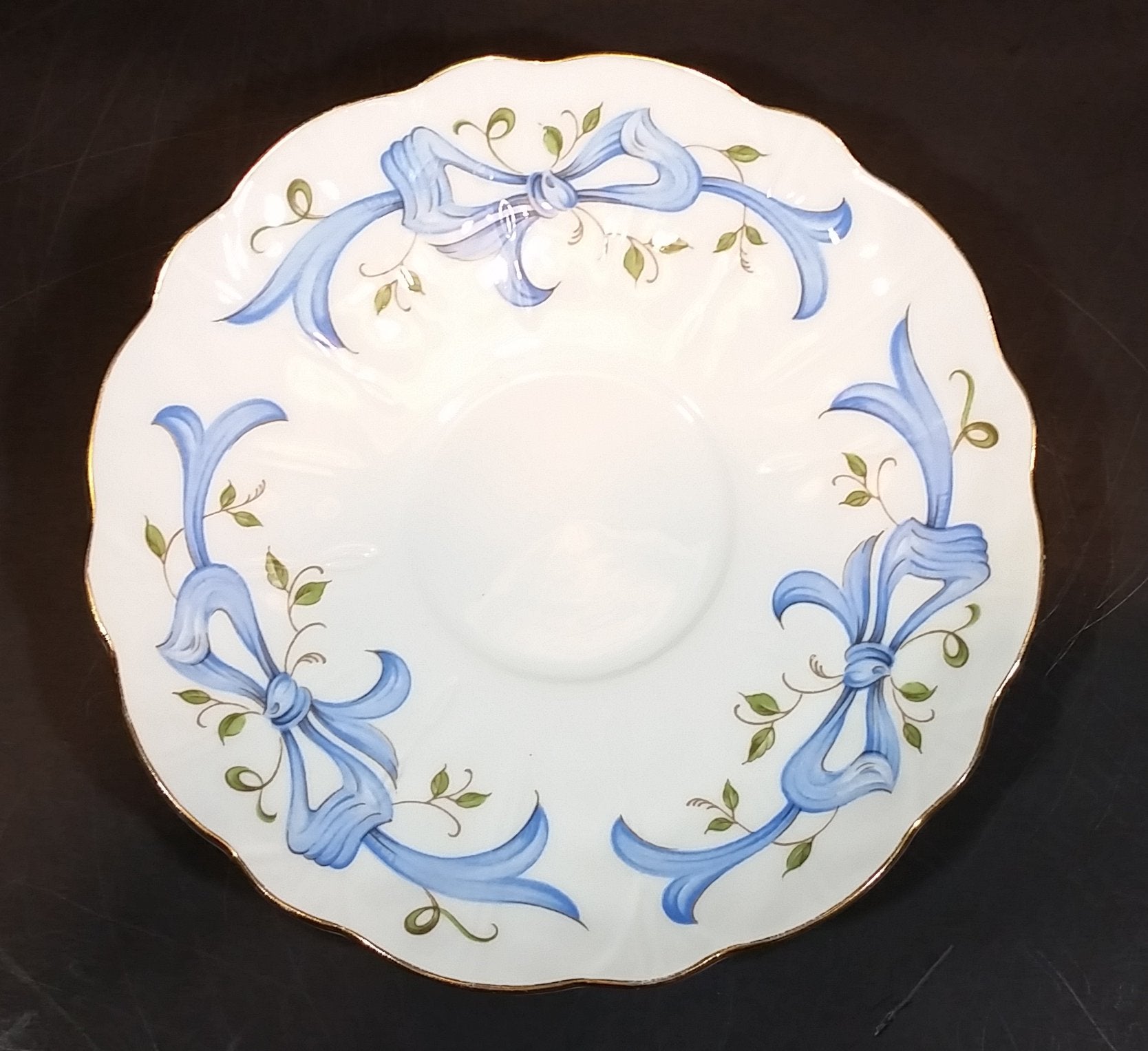 1960s Aynsley Fine Bone China "December Christmas Rose" Saucer with Blue Bows and Vines