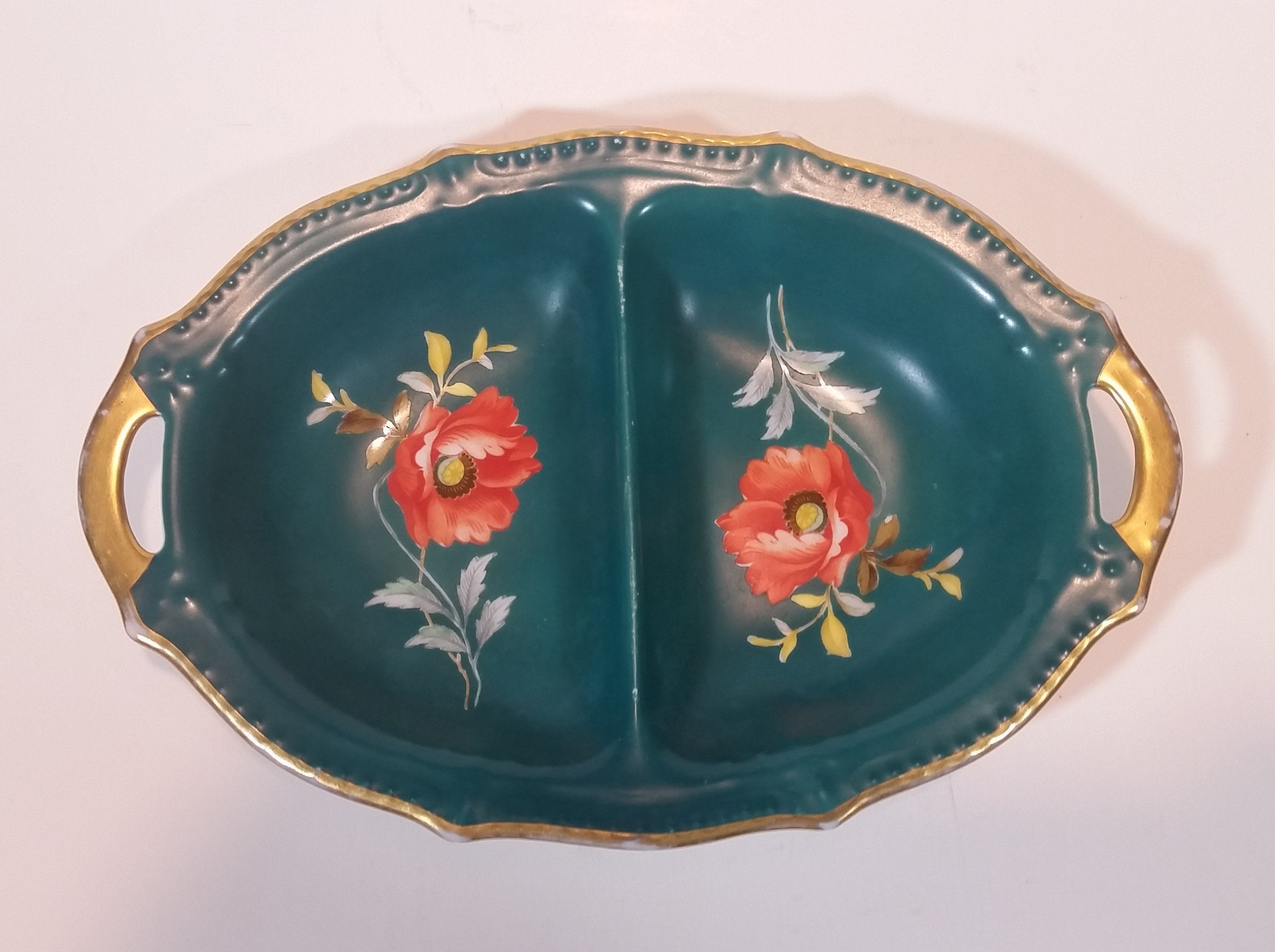 1918-1935 Victoria Czechoslovakia HF Art Deco Green Gold Handled Double Sided Candy Dish