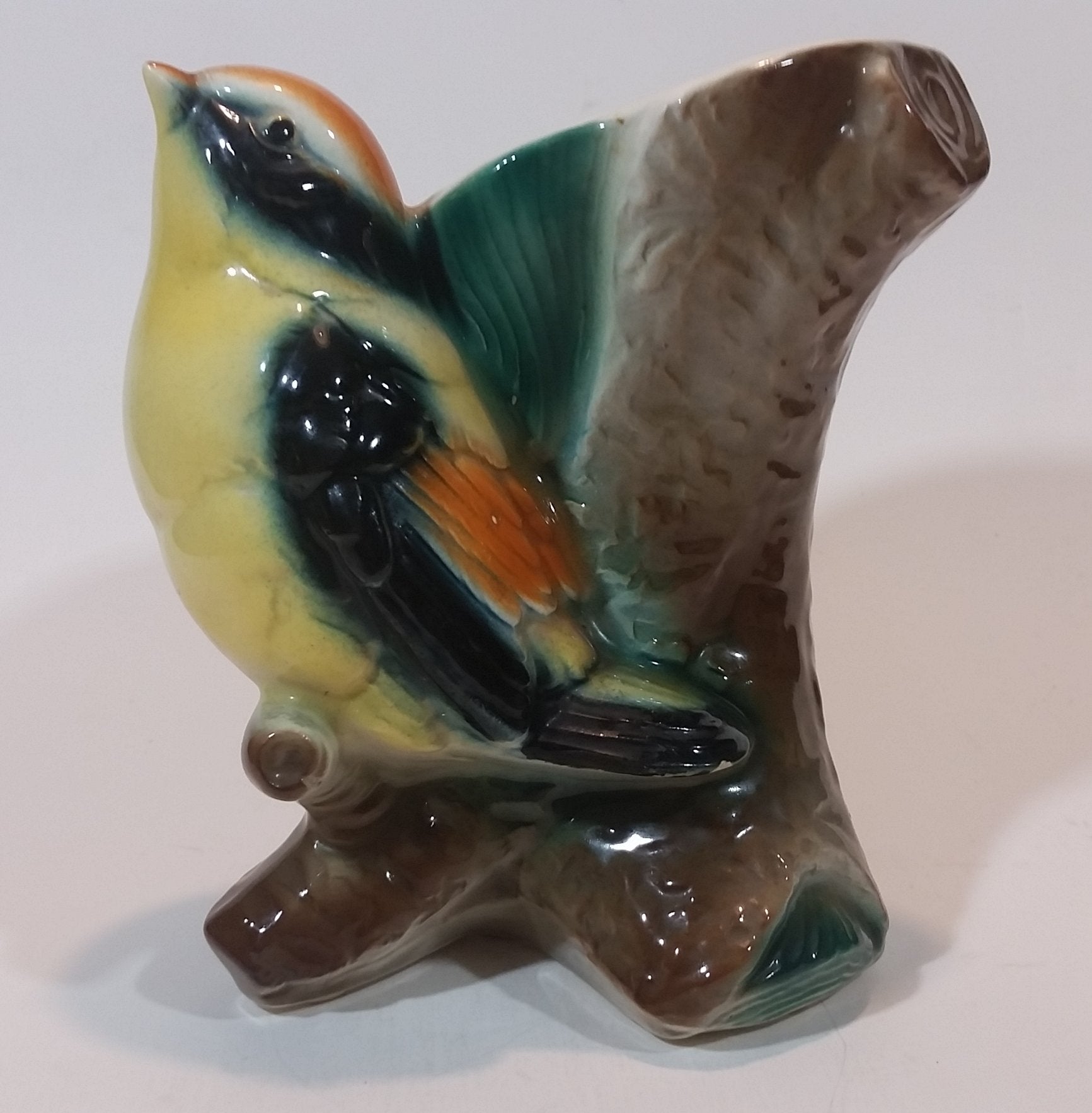 1950s Royal Copley Western Tanager or Warbler Bird on Tree Stump Ceramic Porcelain Planter 15