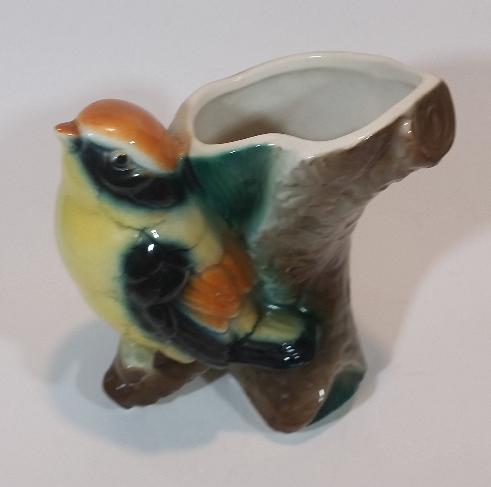 1950s Royal Copley Western Tanager or Warbler Bird on Tree Stump Ceramic Porcelain Planter 14
