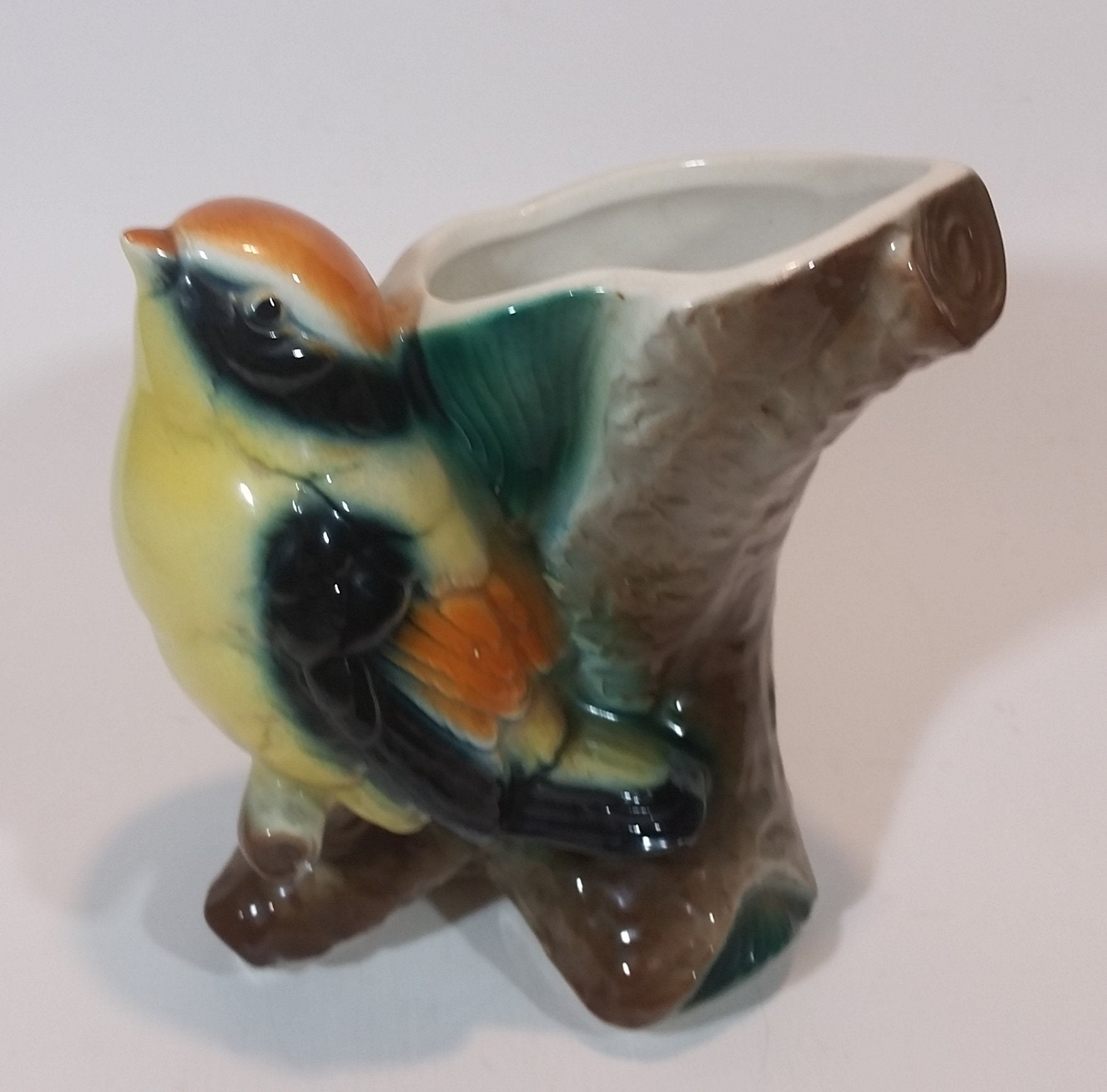 1950s Royal Copley Western Tanager or Warbler Bird on Tree Stump Ceramic Porcelain Planter 2
