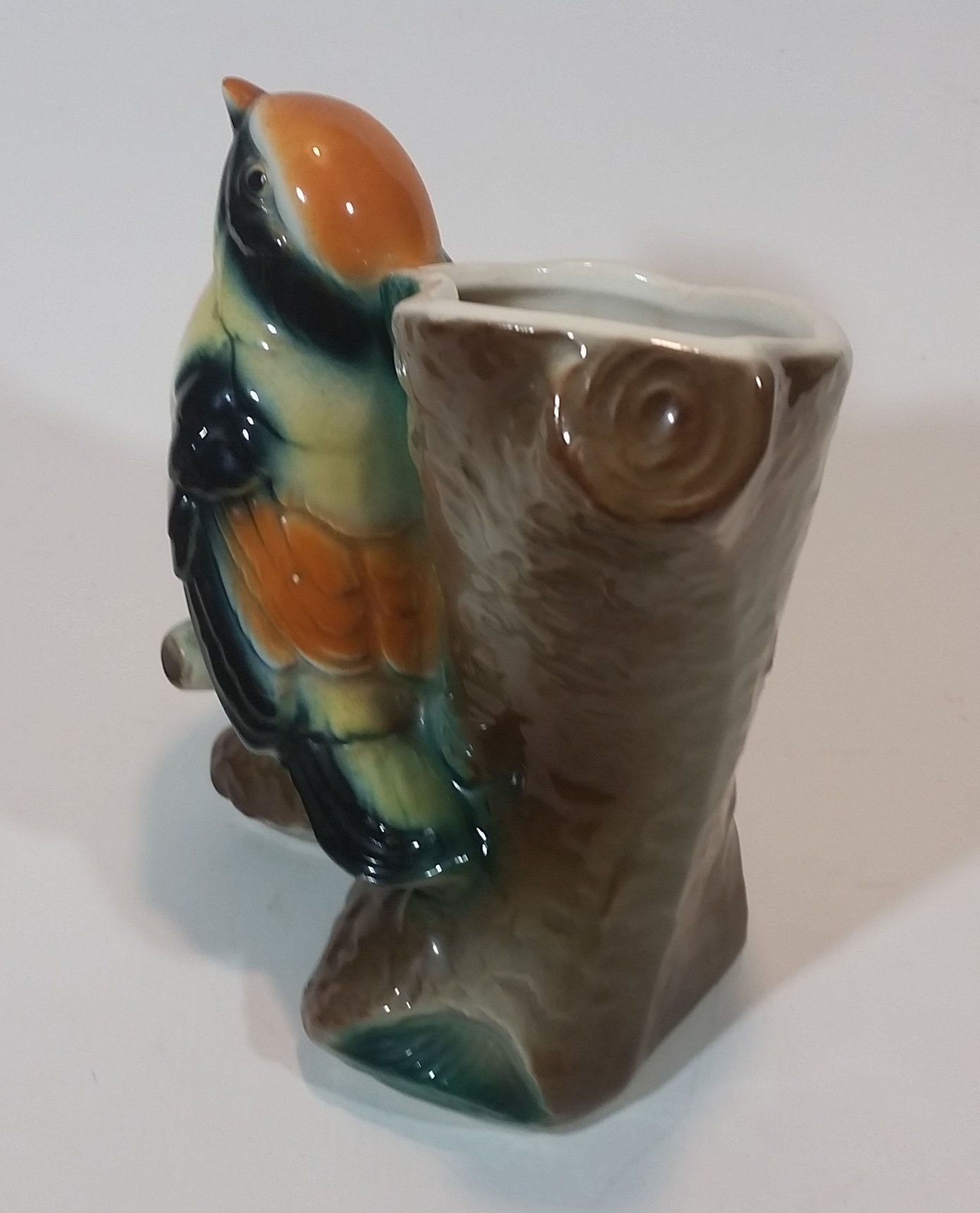 1950s Royal Copley Western Tanager or Warbler Bird on Tree Stump Ceramic Porcelain Planter 3