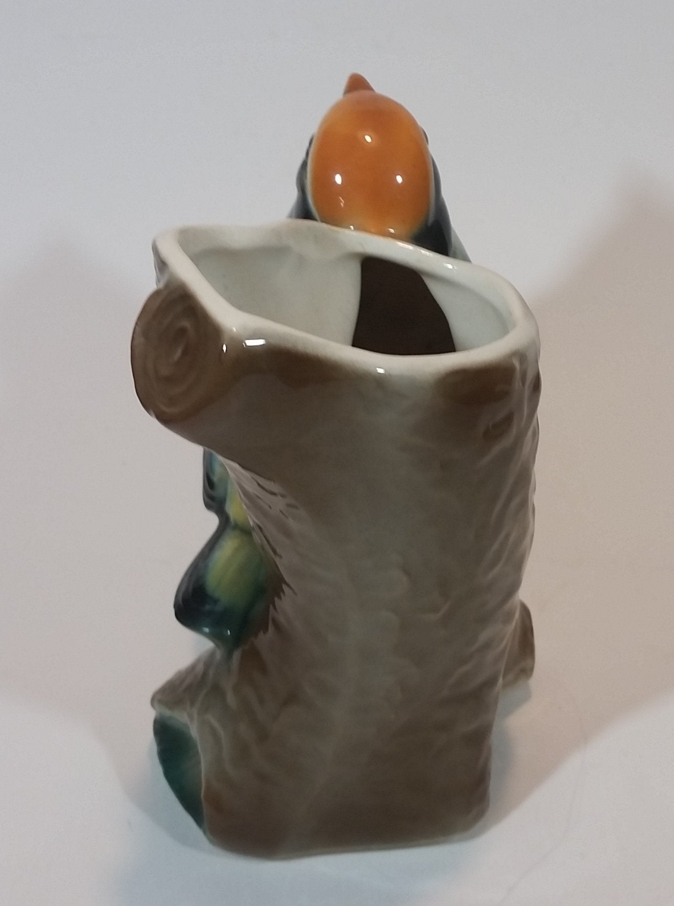 1950s Royal Copley Western Tanager or Warbler Bird on Tree Stump Ceramic Porcelain Planter 4