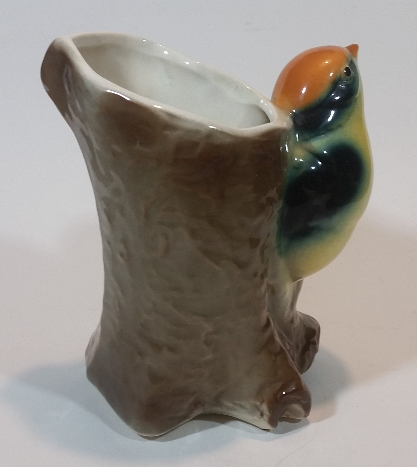 1950s Royal Copley Western Tanager or Warbler Bird on Tree Stump Ceramic Porcelain Planter 5