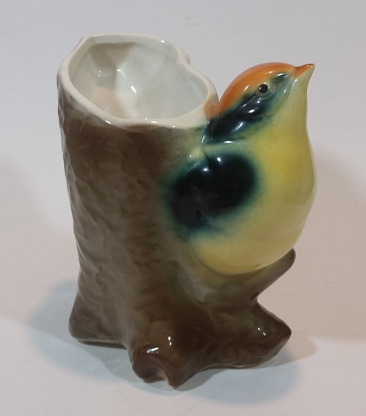 1950s Royal Copley Western Tanager or Warbler Bird on Tree Stump Ceramic Porcelain Planter 6