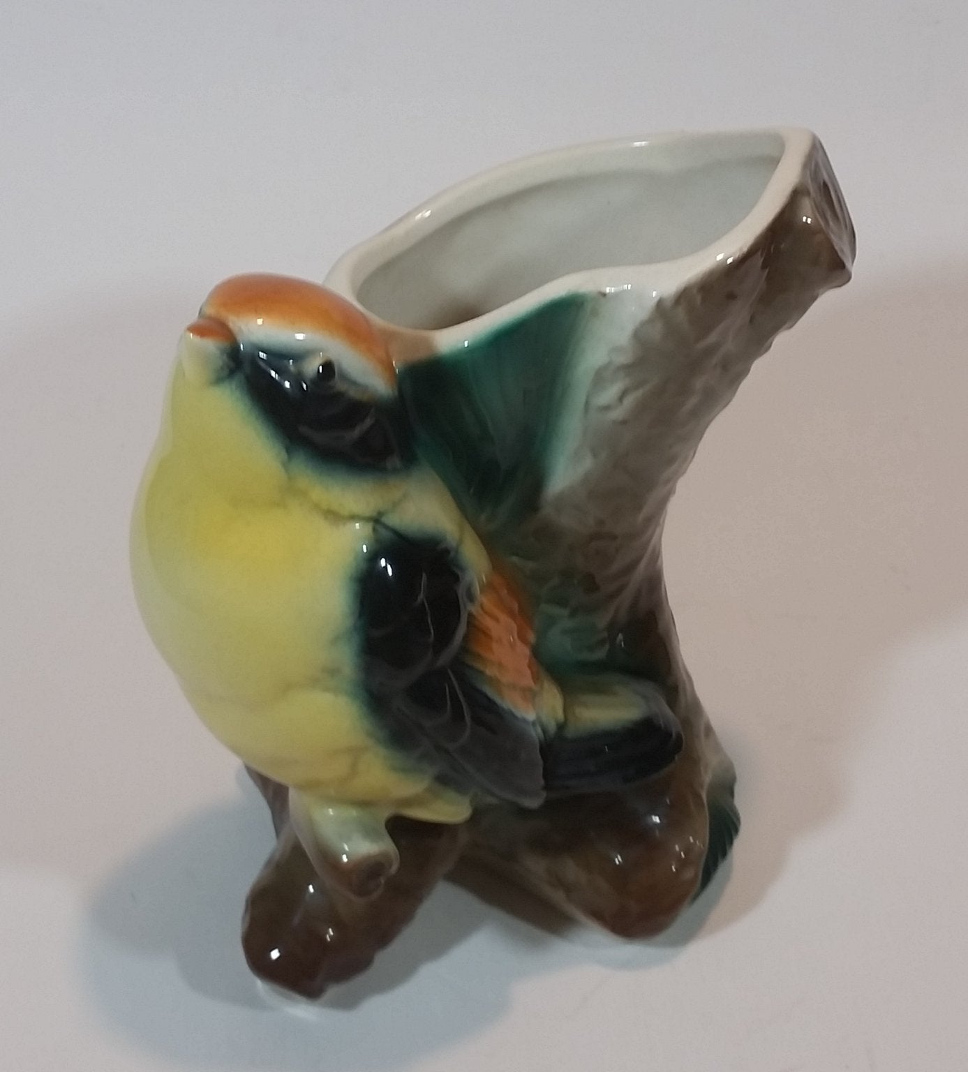 1950s Royal Copley Western Tanager or Warbler Bird on Tree Stump Ceramic Porcelain Planter 9