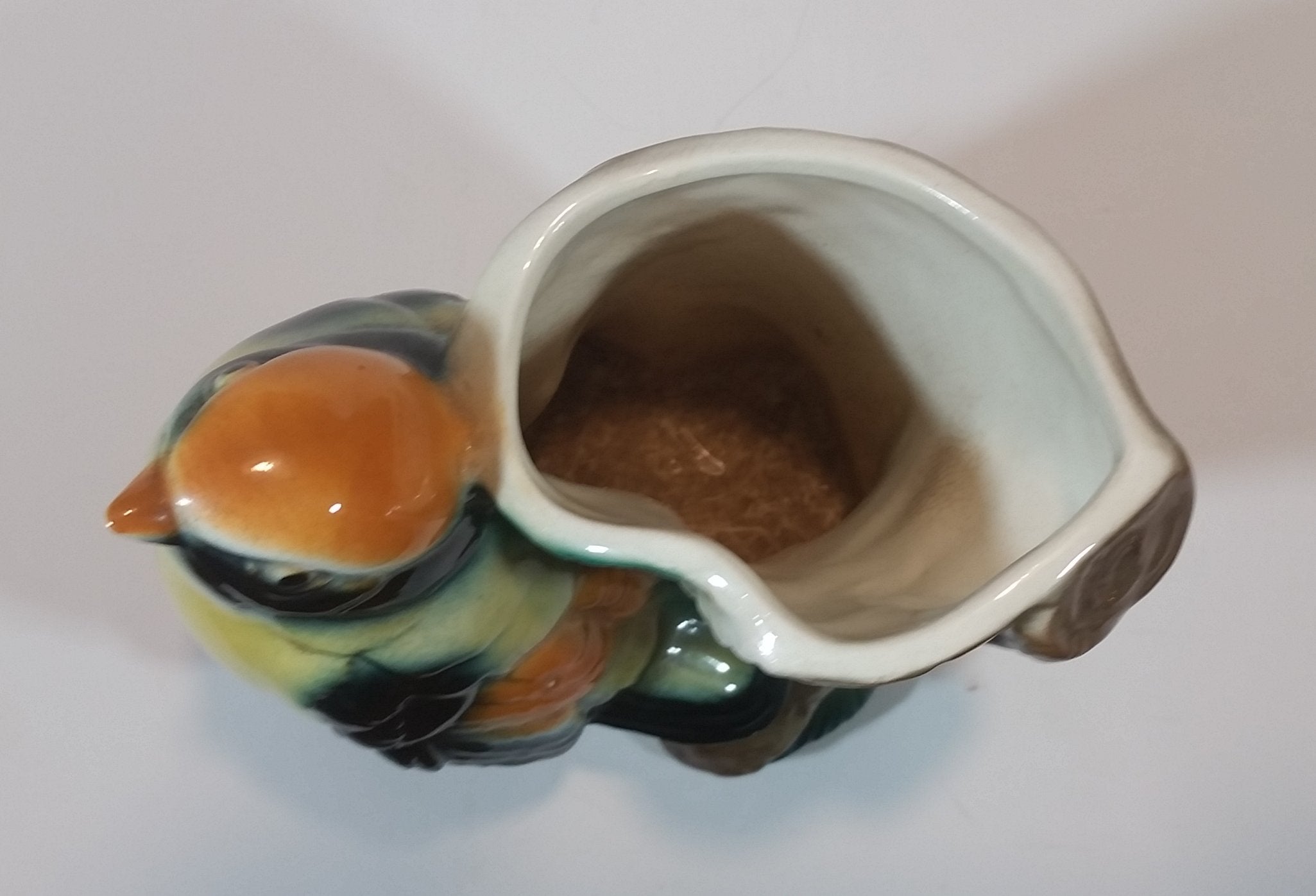1950s Royal Copley Western Tanager or Warbler Bird on Tree Stump Ceramic Porcelain Planter 10