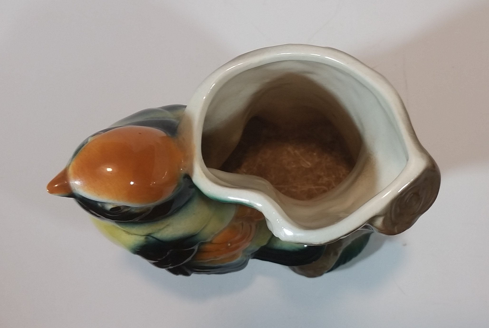 1950s Royal Copley Western Tanager or Warbler Bird on Tree Stump Ceramic Porcelain Planter 11