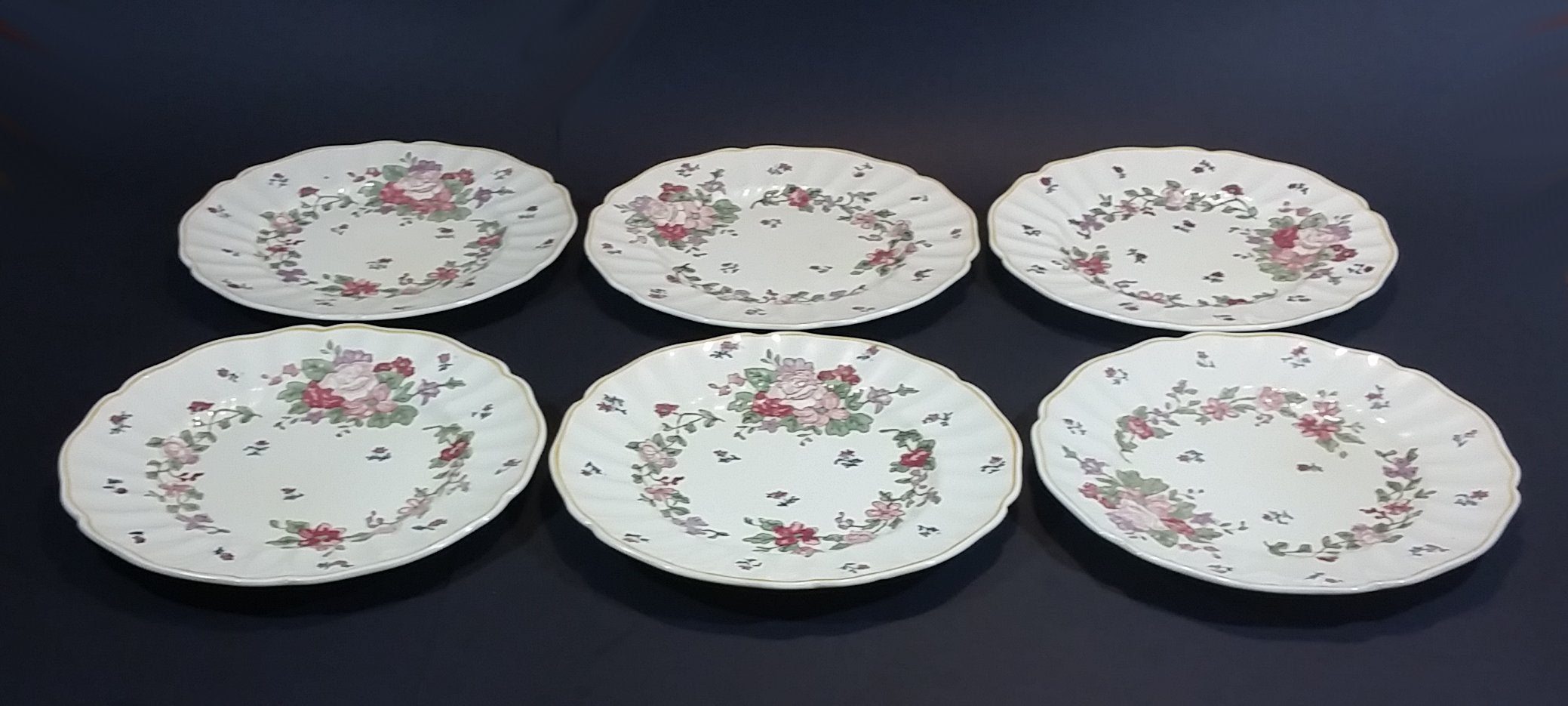 1930s Royal Doulton "Wildflower" Pink and Red Floral with Faint Yellow Edge 8 1/2" Dinner Plates - Set of 6 2