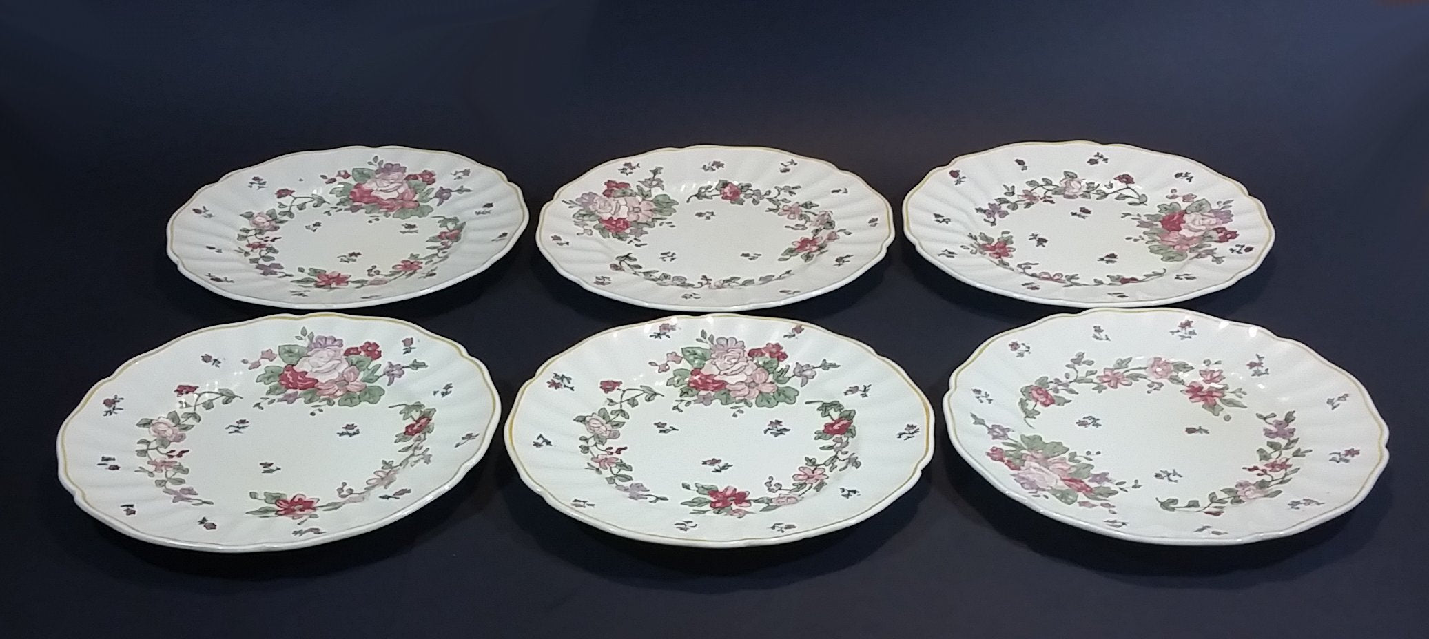 1930s Royal Doulton "Wildflower" Pink and Red Floral with Faint Yellow Edge 8 1/2" Dinner Plates - Set of 6 3
