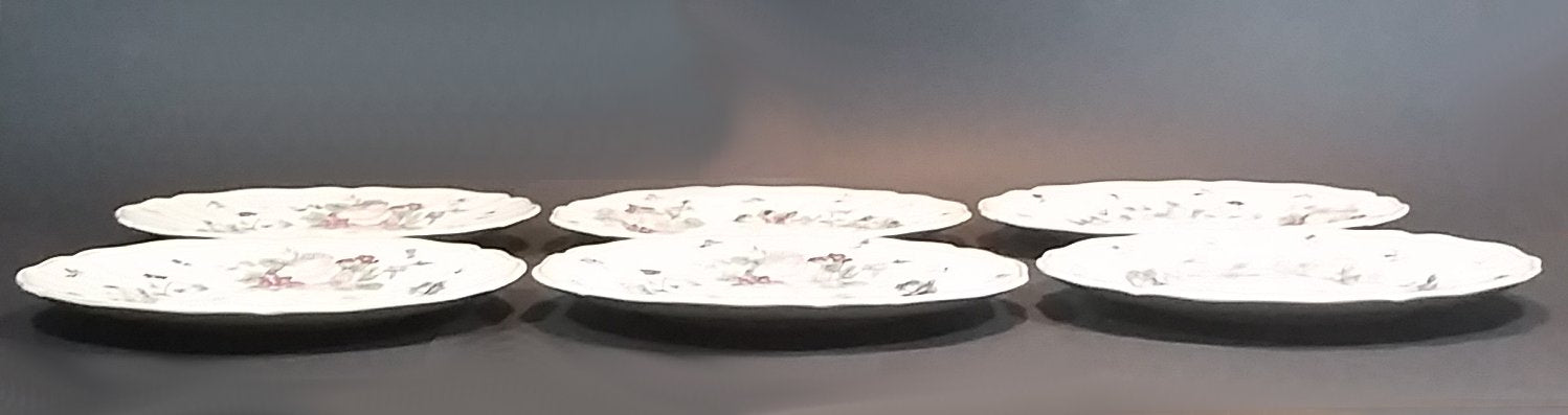 1930s Royal Doulton "Wildflower" Pink and Red Floral with Faint Yellow Edge 8 1/2" Dinner Plates - Set of 6 4