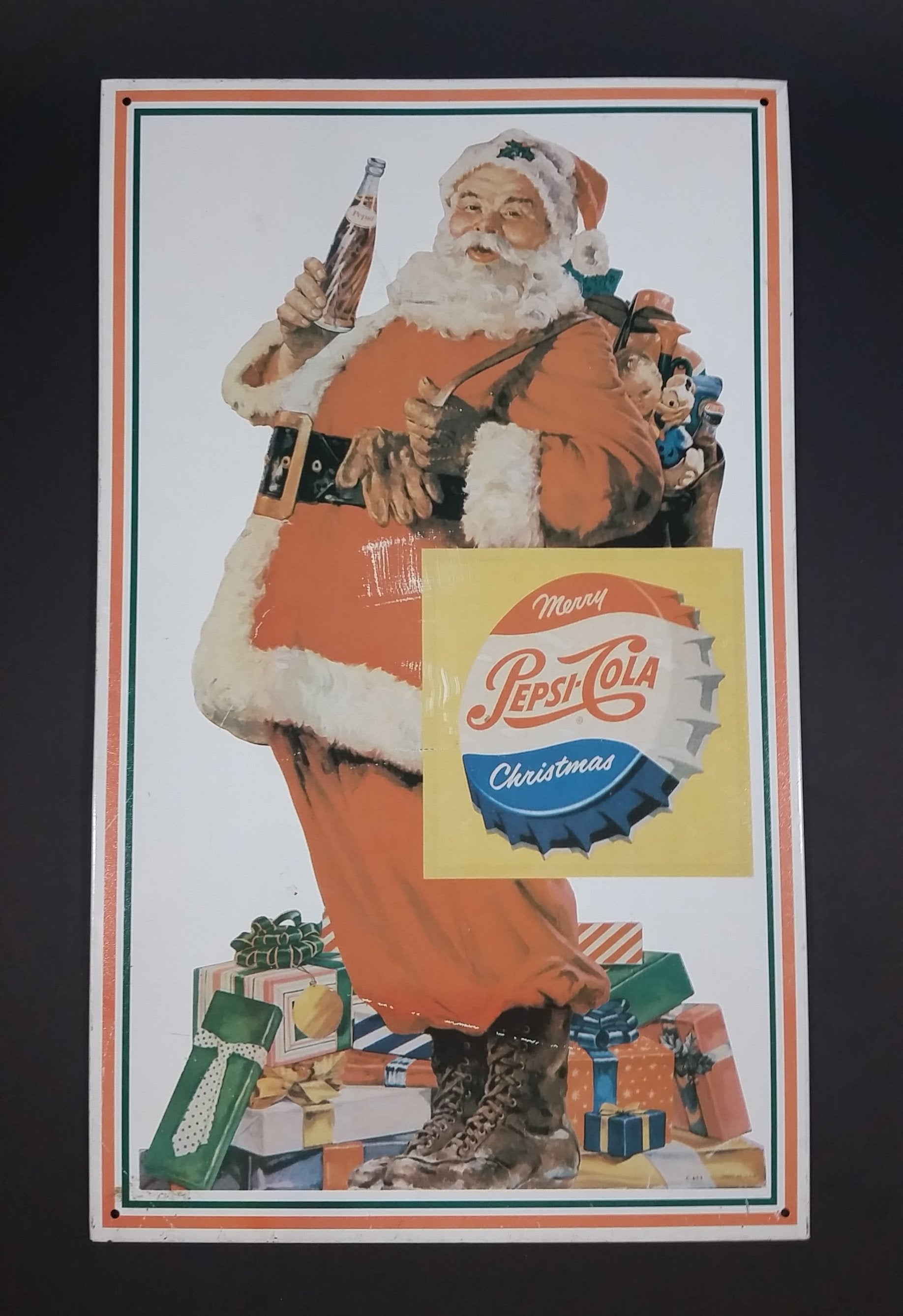 Vintage 1970s Pepsi Cola Merry Christmas Santa Claus with Gifts Lithograph Tin Sign