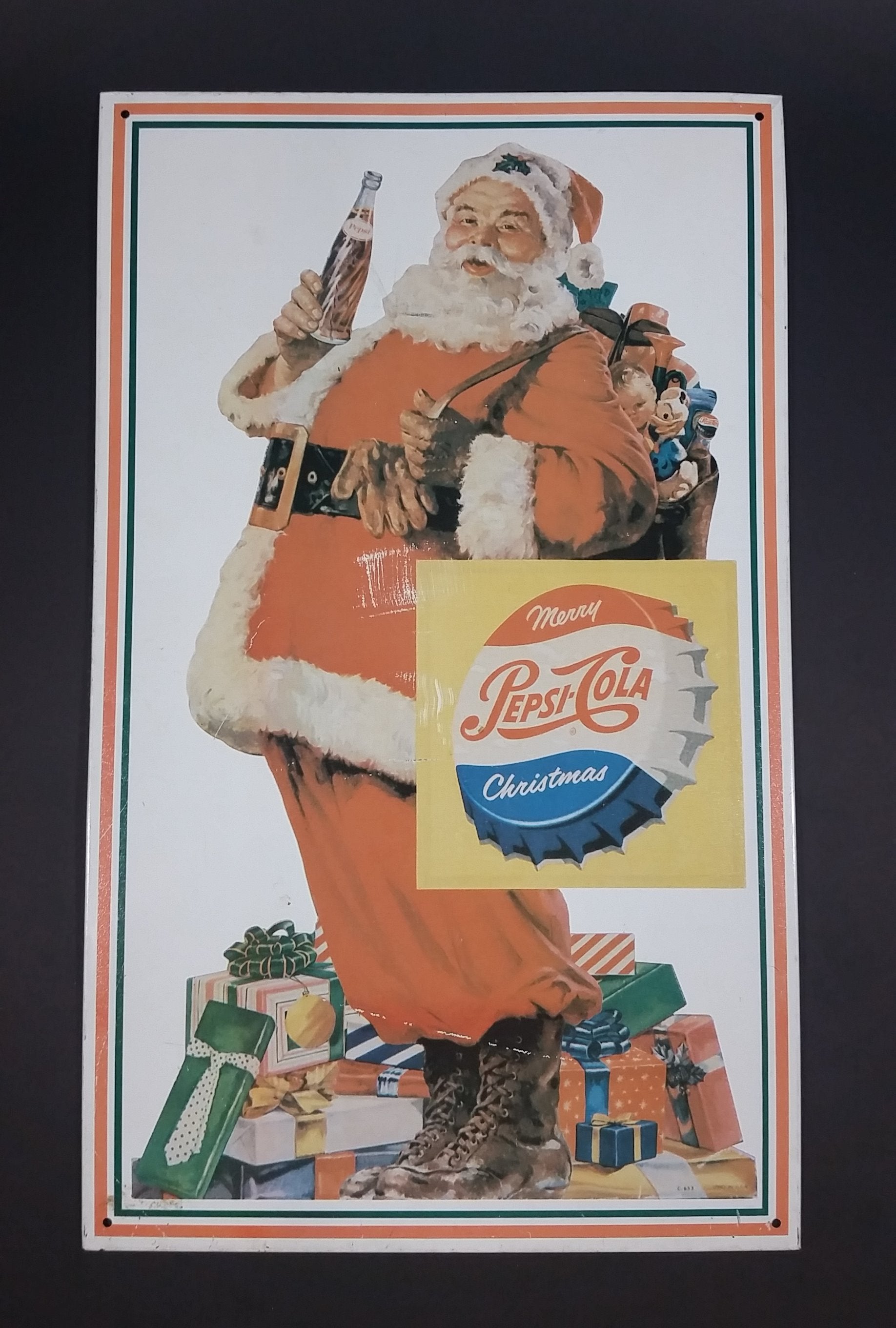 Vintage 1970s Pepsi Cola Merry Christmas Santa Claus with Gifts Lithograph Tin Sign 2