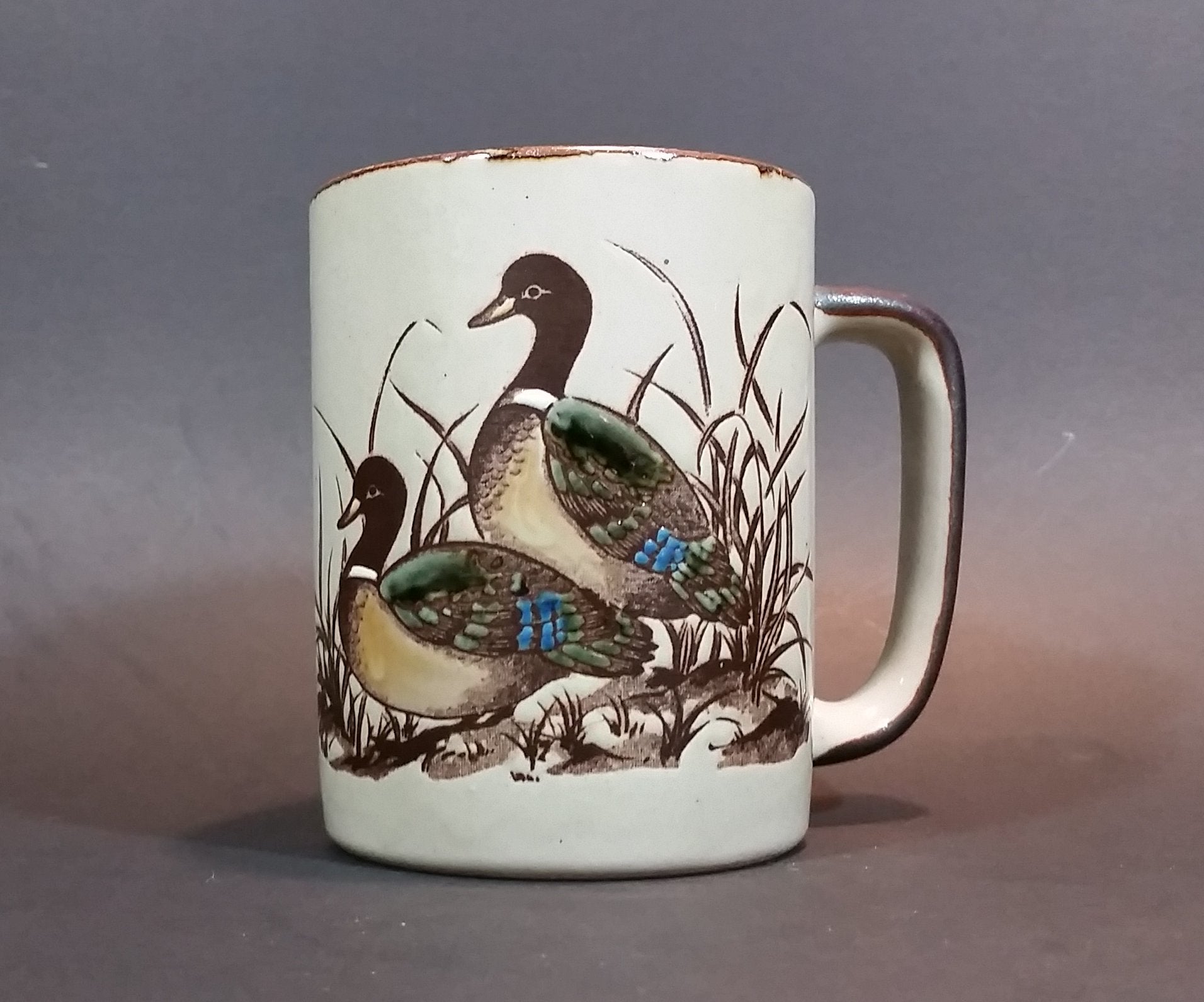 Vintage 1970s Otagiri Japan Mallard Ducks in Marshland and Flying Mug with Brown Trim