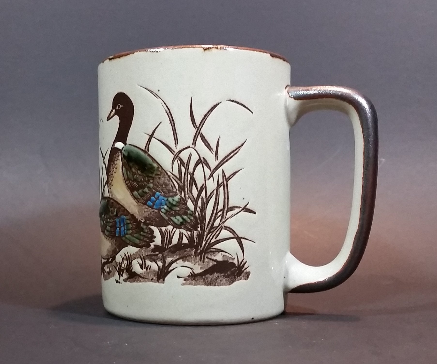 Vintage 1970s Otagiri Japan Mallard Ducks in Marshland and Flying Mug with Brown Trim 2