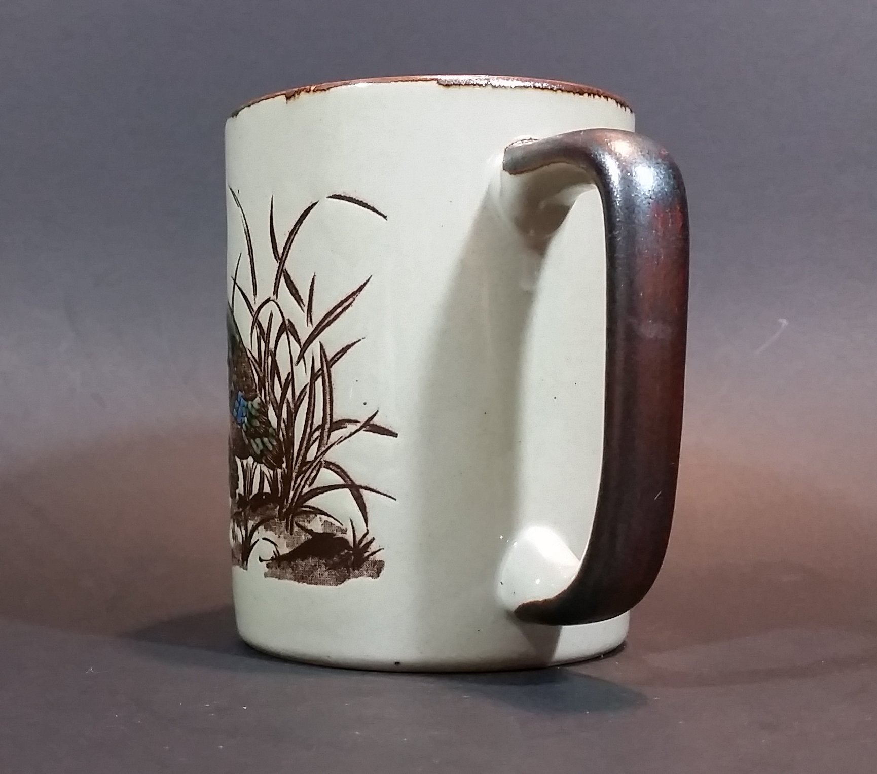 Vintage 1970s Otagiri Japan Mallard Ducks in Marshland and Flying Mug with Brown Trim 3