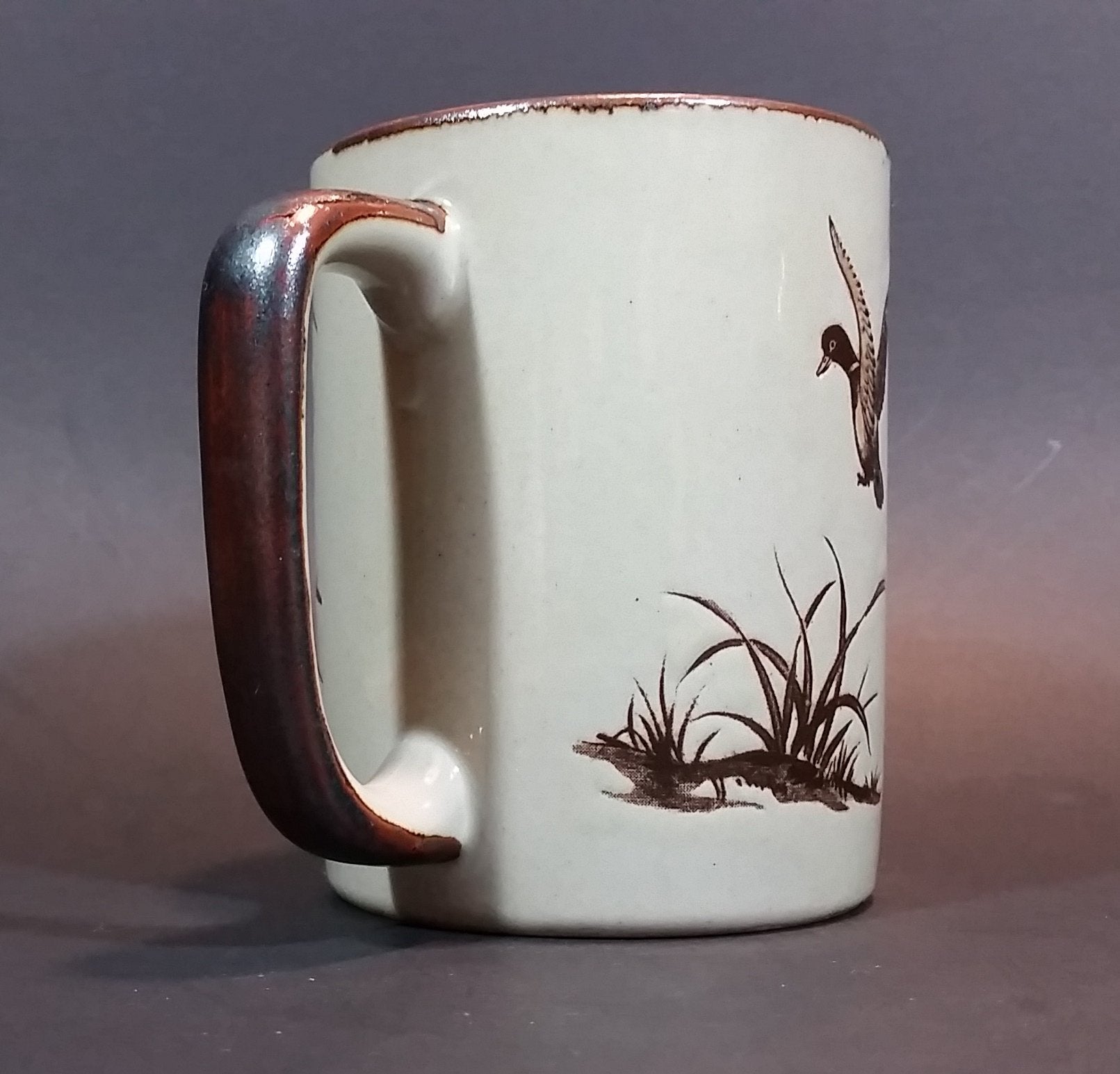 Vintage 1970s Otagiri Japan Mallard Ducks in Marshland and Flying Mug with Brown Trim 5