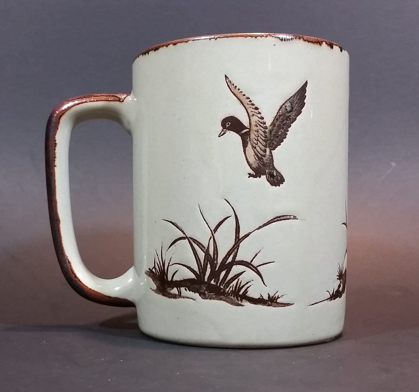 Vintage 1970s Otagiri Japan Mallard Ducks in Marshland and Flying Mug with Brown Trim 6