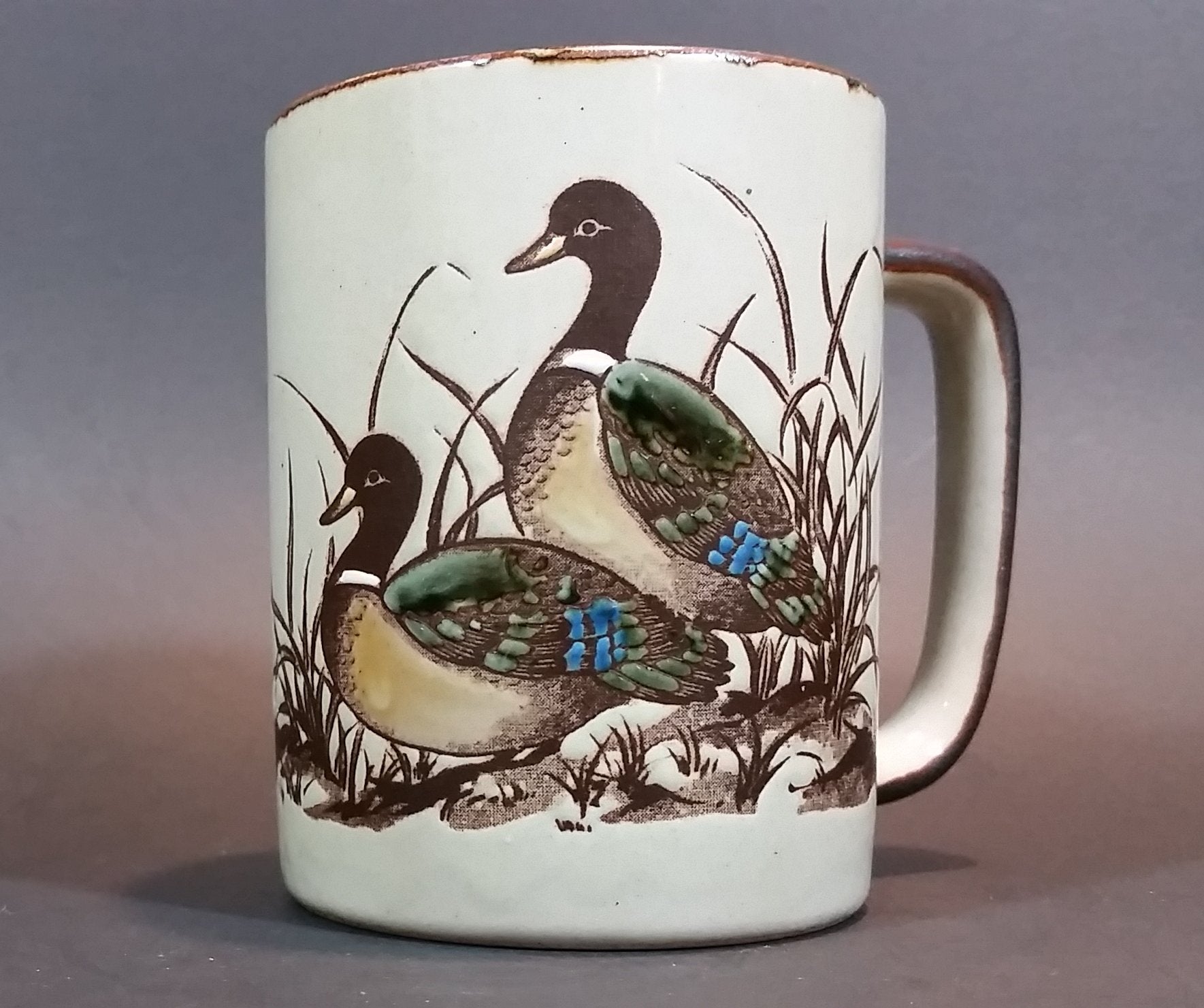 Vintage 1970s Otagiri Japan Mallard Ducks in Marshland and Flying Mug with Brown Trim 9