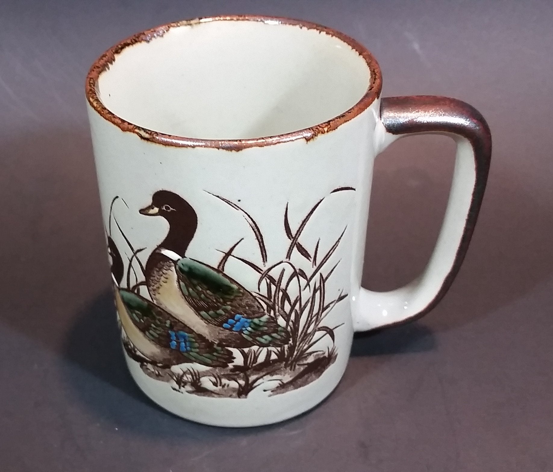 Vintage 1970s Otagiri Japan Mallard Ducks in Marshland and Flying Mug with Brown Trim 10