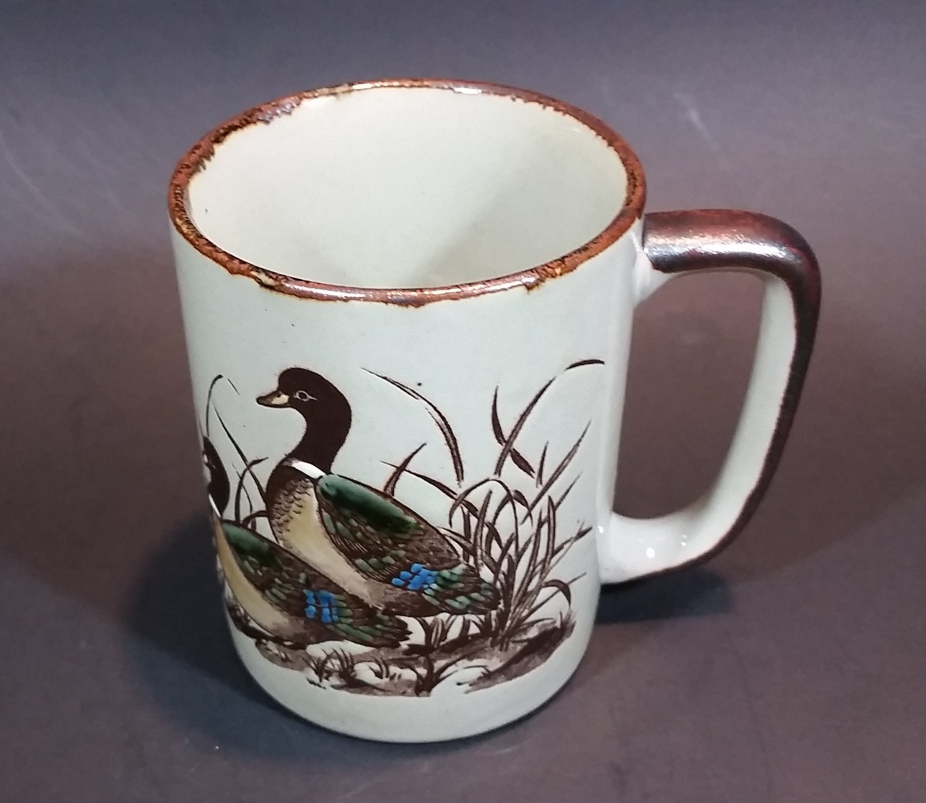 Vintage 1970s Otagiri Japan Mallard Ducks in Marshland and Flying Mug with Brown Trim 11