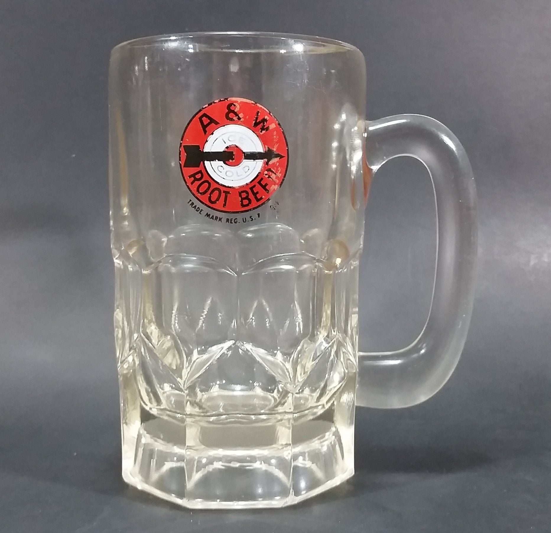 1948-1961 A & W Allen and Wright Ice Cold Root Beer Arrow Logo 6" Tall Heavy Clear Glass Mug