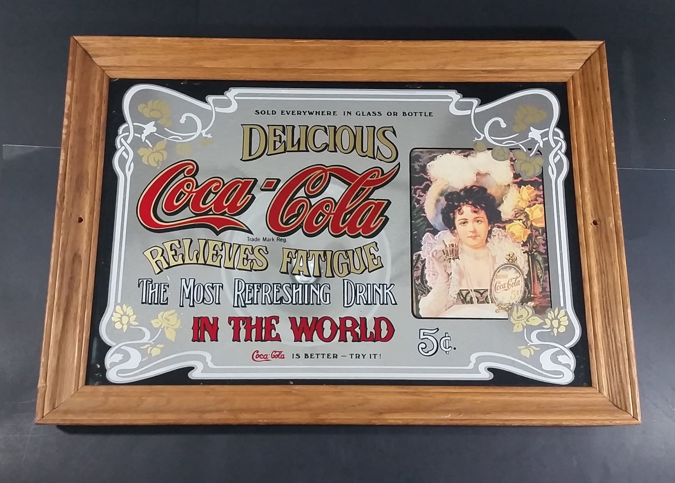 Vintage Coca-Cola Coke Wood Framed Mirror Advertising Sign 5¢ Cents 20" X 14"