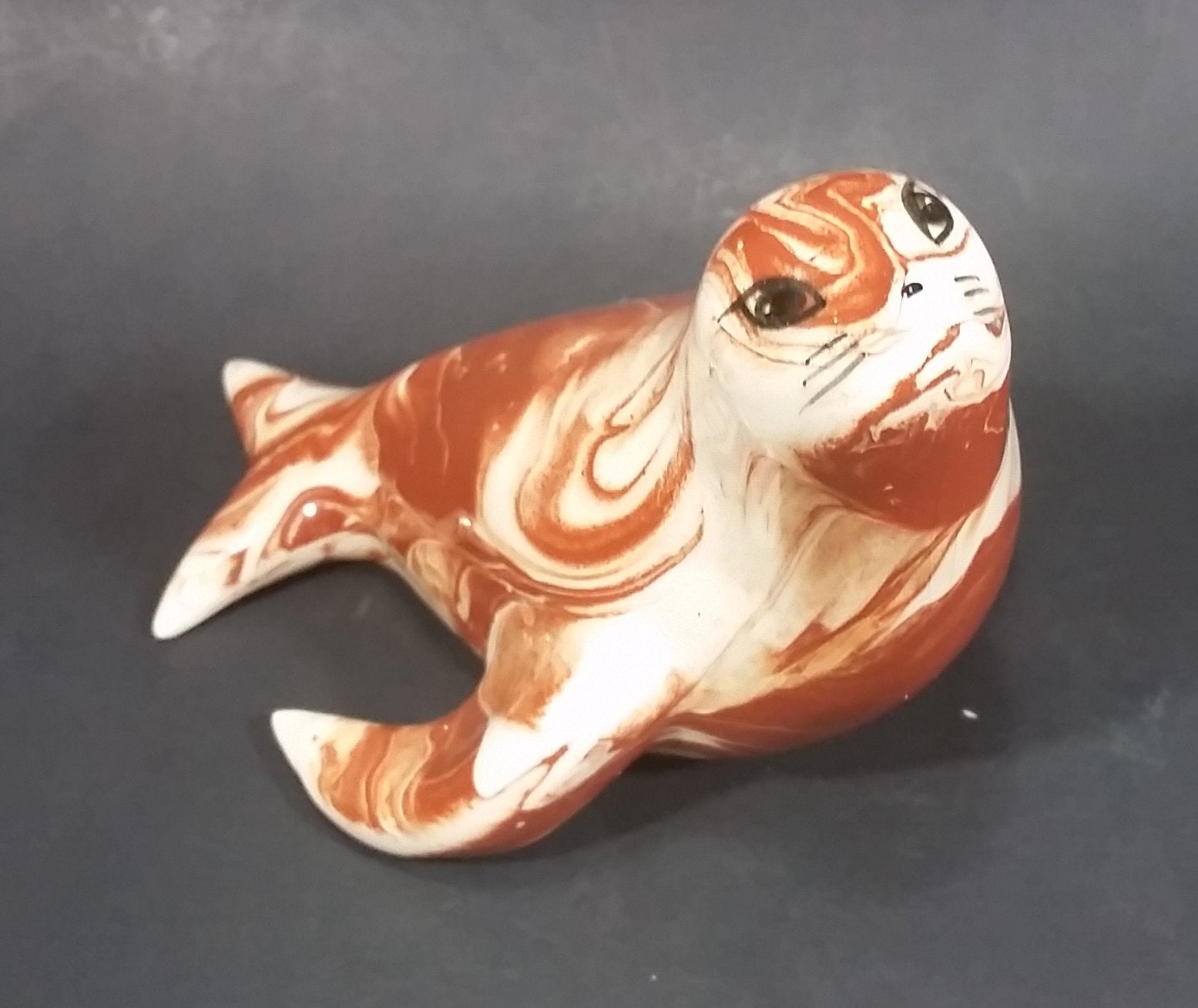 Ceramitique Alaska Clay Ceramic Brown Swirl Seal Figurine - Signed Carol
