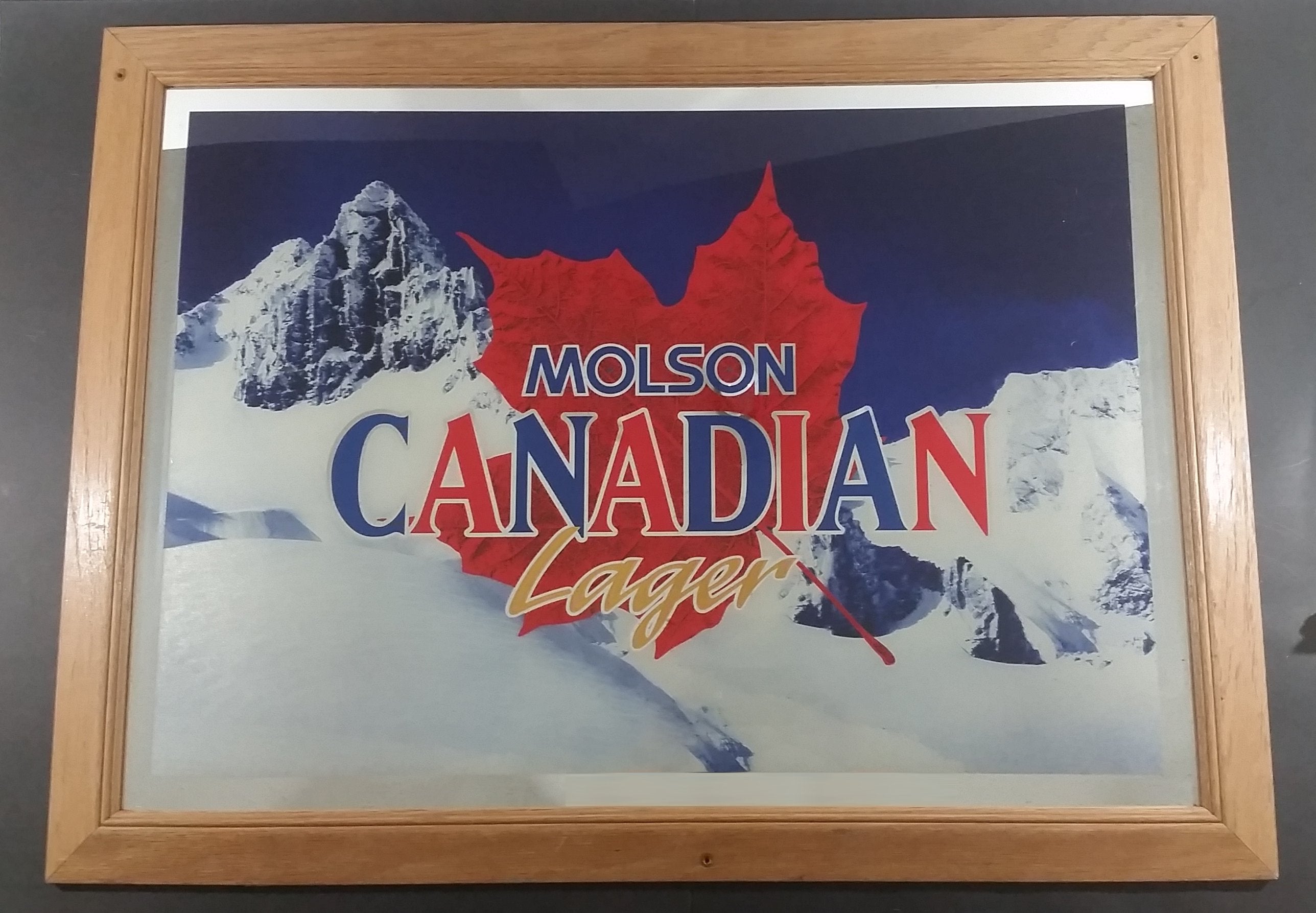 Large Molson Canadian Lager Beer Mountain Scene Oak Framed Advertising Mirror 34" x 26"