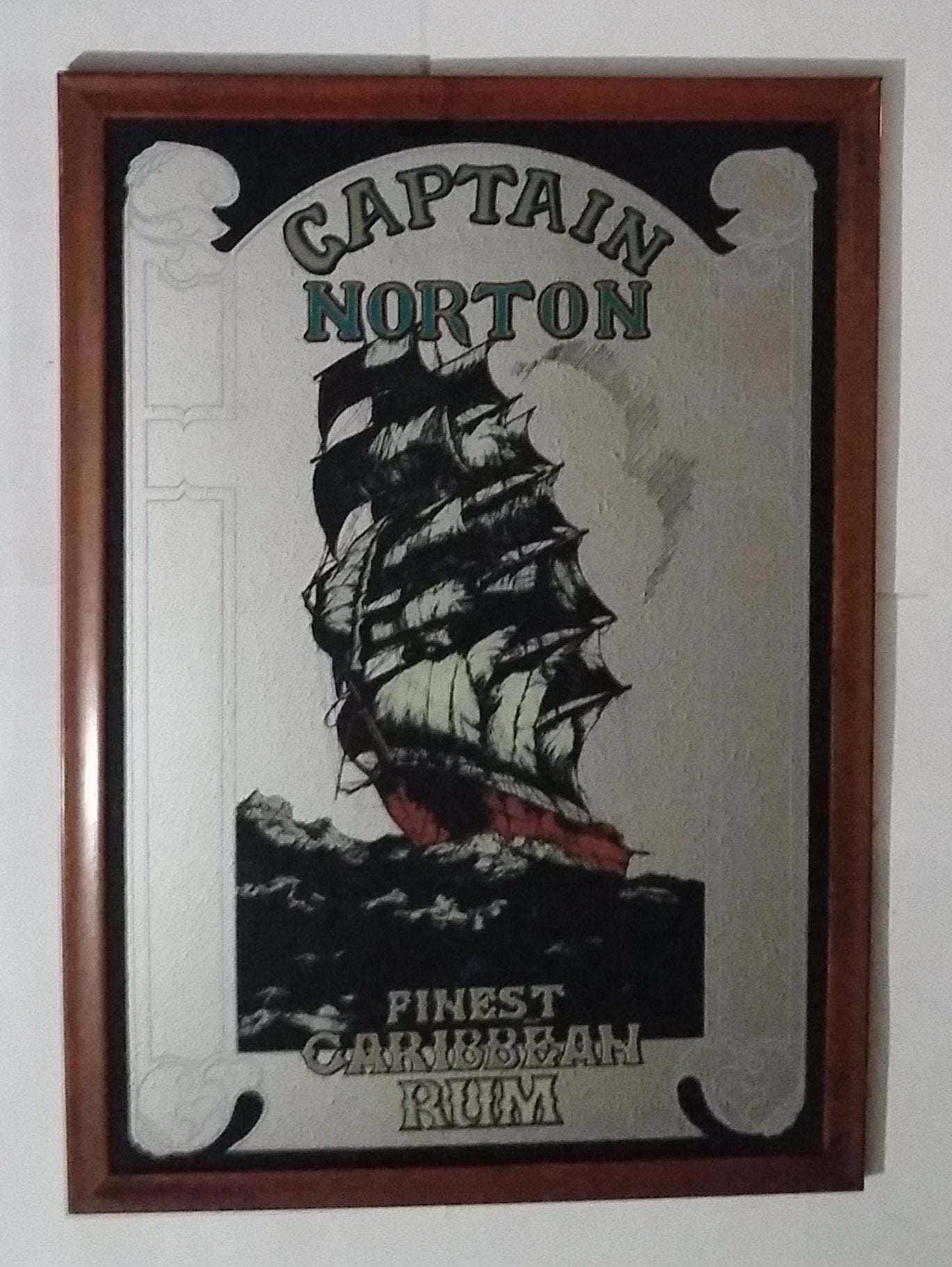 Vintage Large Captain Norton Finest Caribbean Rum Ship 34" x 24" Wood Framed Pub Mirror