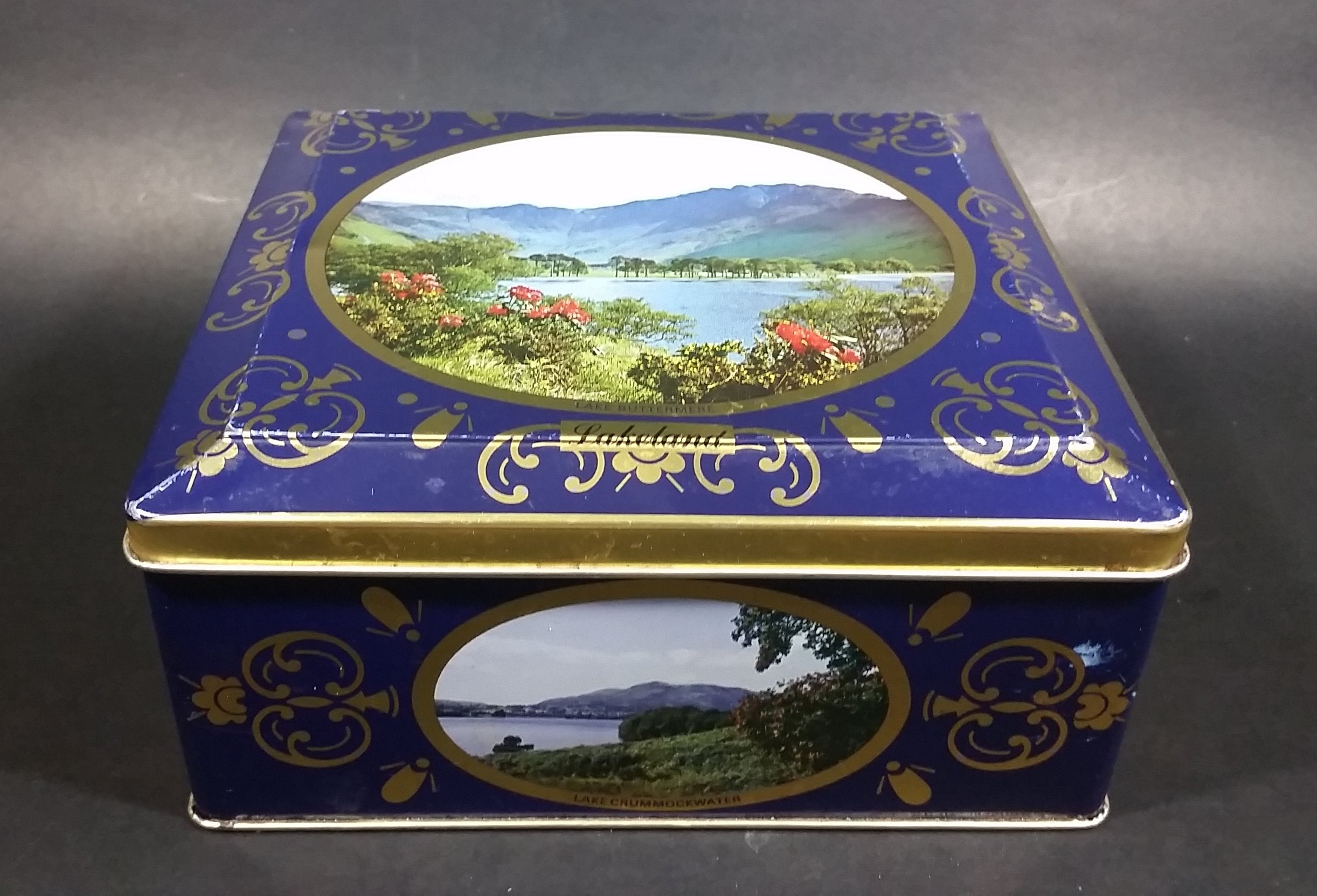 Vintage St Michael Marks & Spencer Biscuits Tin Blue with Gold Motif -  Lake Scenes on each side 15