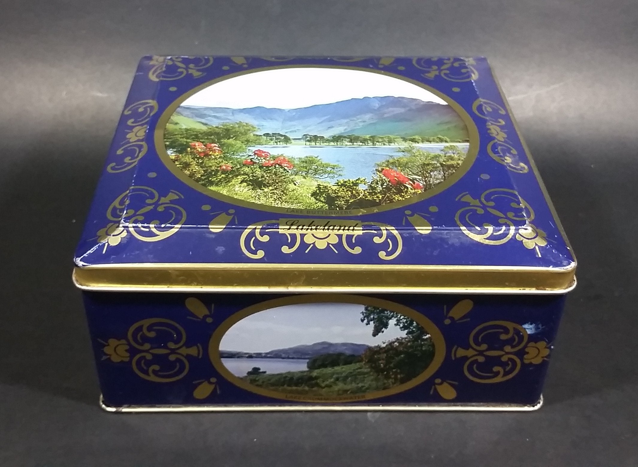 Vintage St Michael Marks & Spencer Biscuits Tin Blue with Gold Motif -  Lake Scenes on each side 16