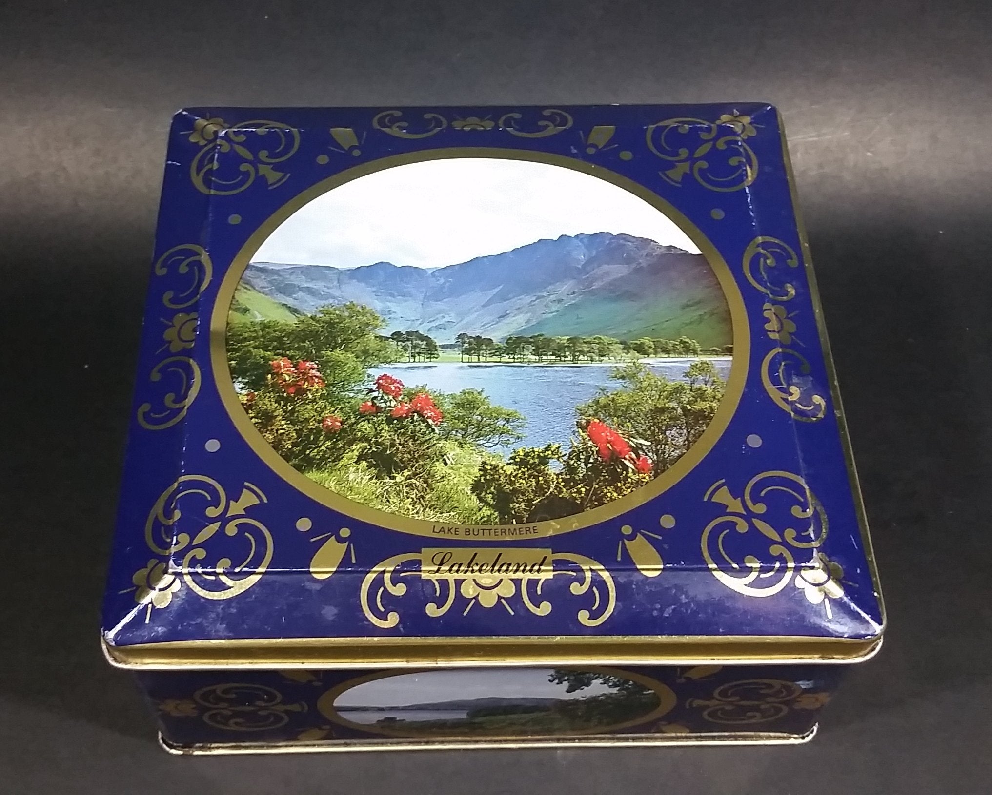 Vintage St Michael Marks & Spencer Biscuits Tin Blue with Gold Motif -  Lake Scenes on each side