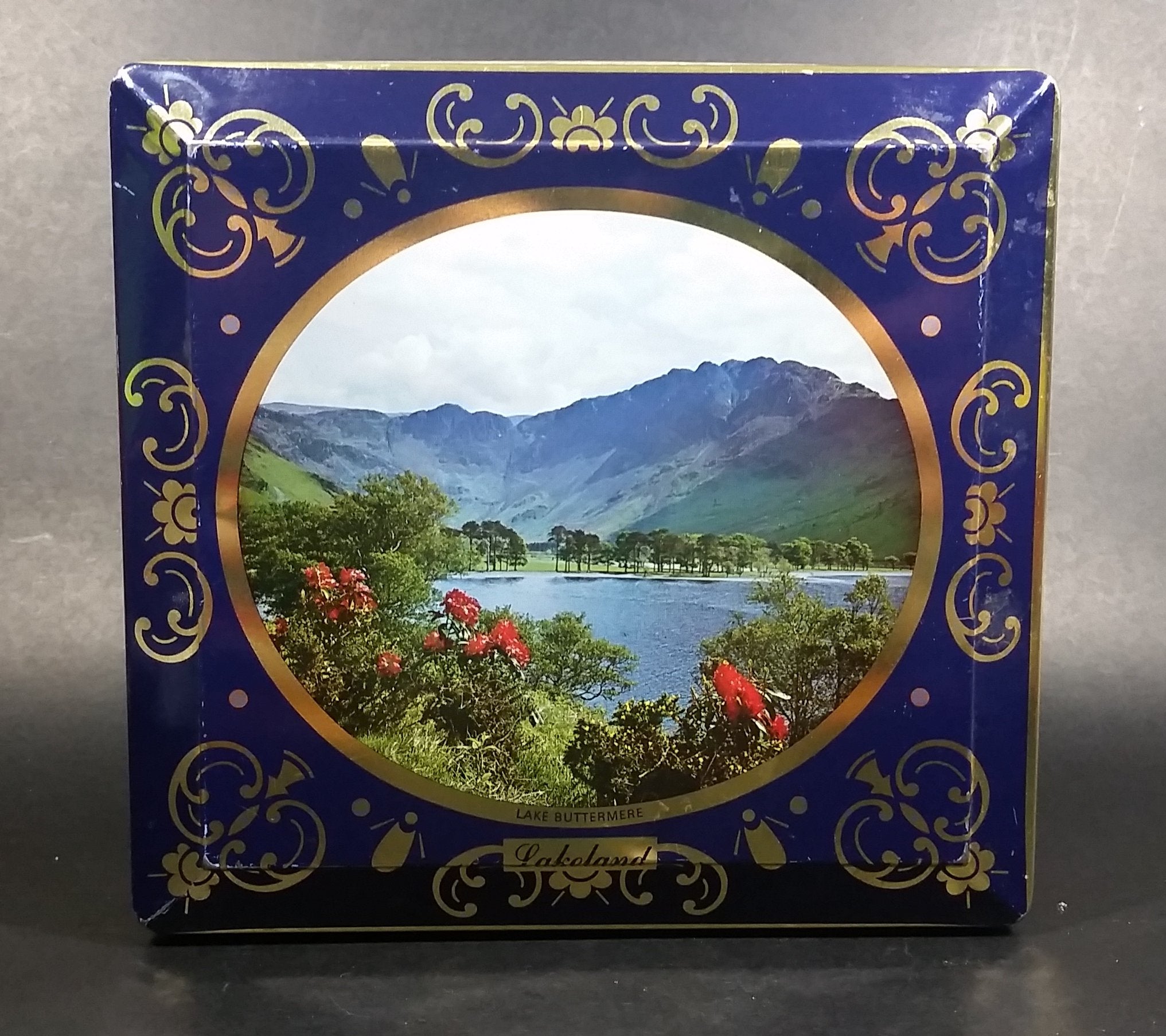 Vintage St Michael Marks & Spencer Biscuits Tin Blue with Gold Motif -  Lake Scenes on each side 2