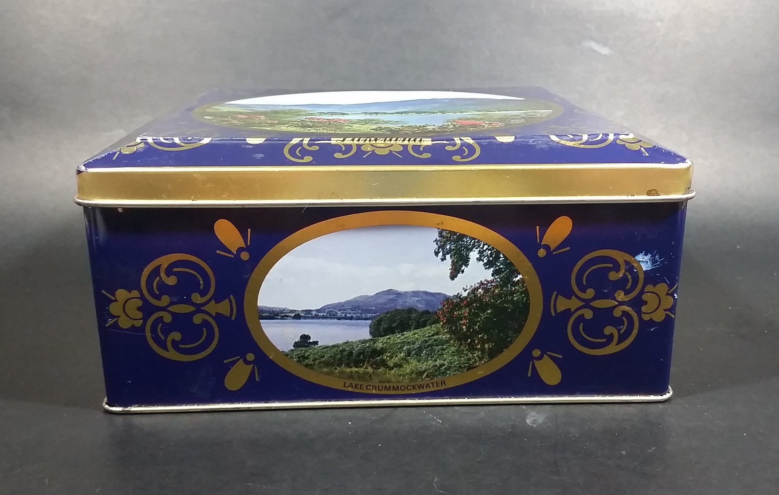 Vintage St Michael Marks & Spencer Biscuits Tin Blue with Gold Motif -  Lake Scenes on each side 3