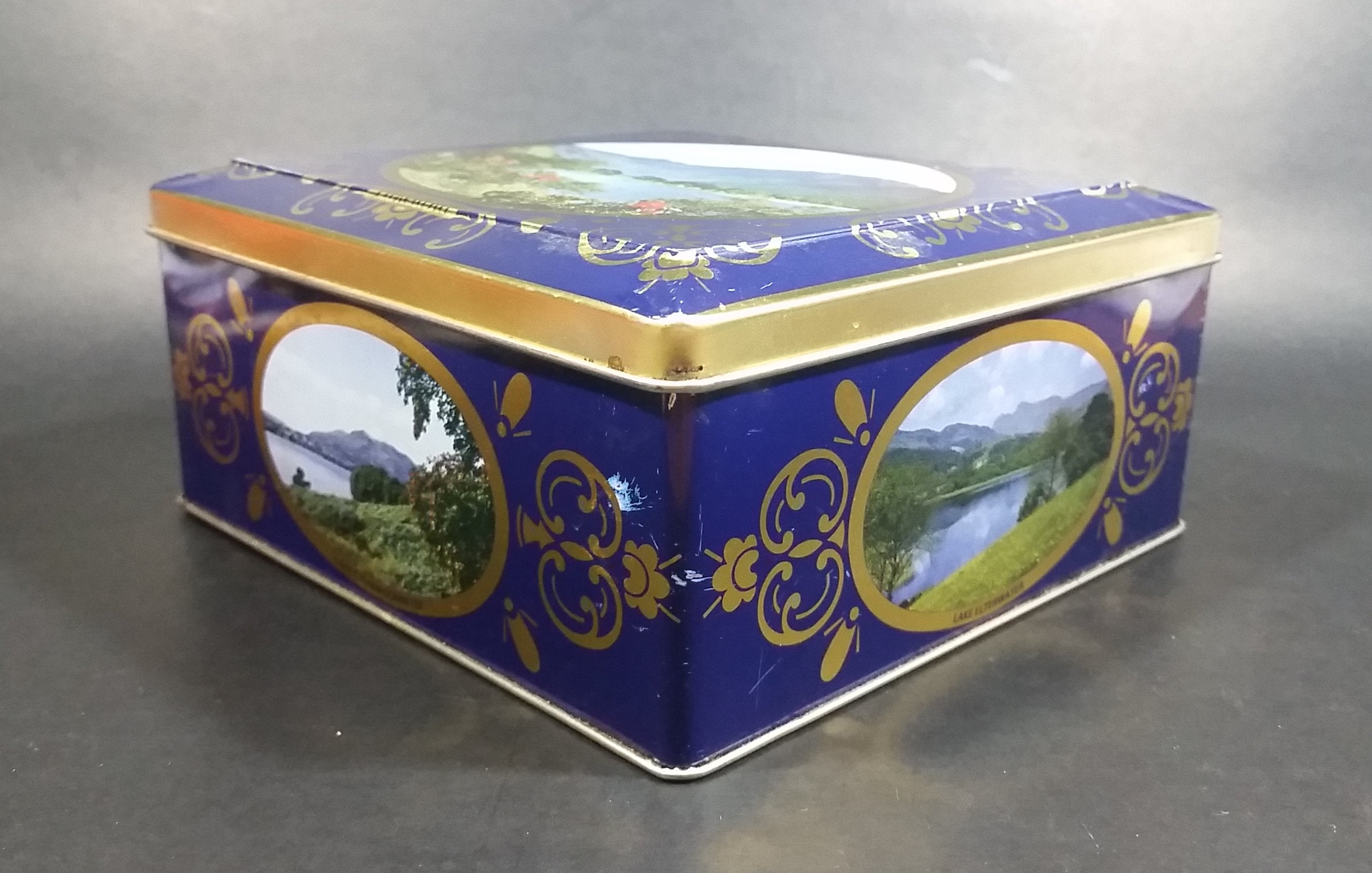 Vintage St Michael Marks & Spencer Biscuits Tin Blue with Gold Motif -  Lake Scenes on each side 4