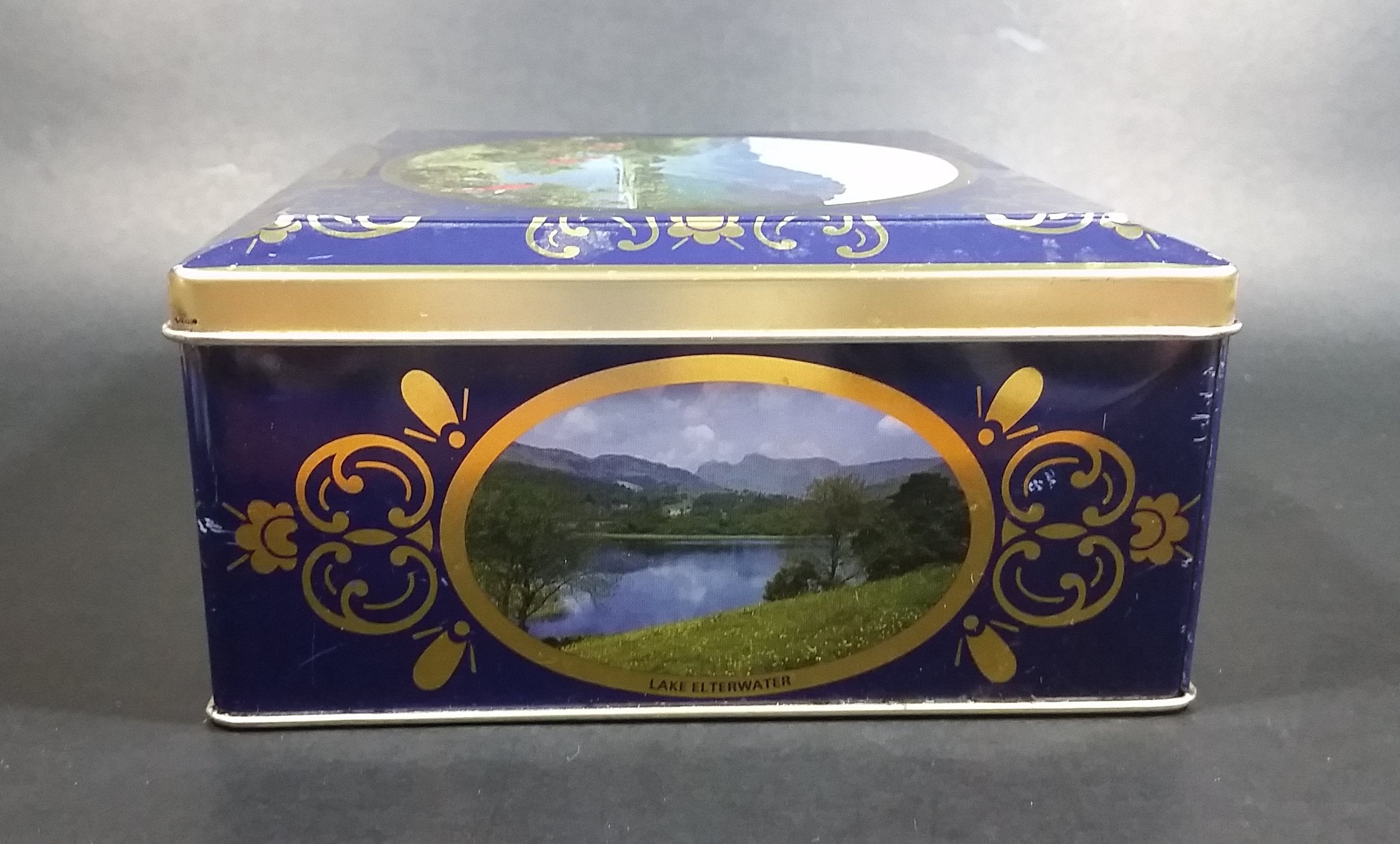 Vintage St Michael Marks & Spencer Biscuits Tin Blue with Gold Motif -  Lake Scenes on each side 5