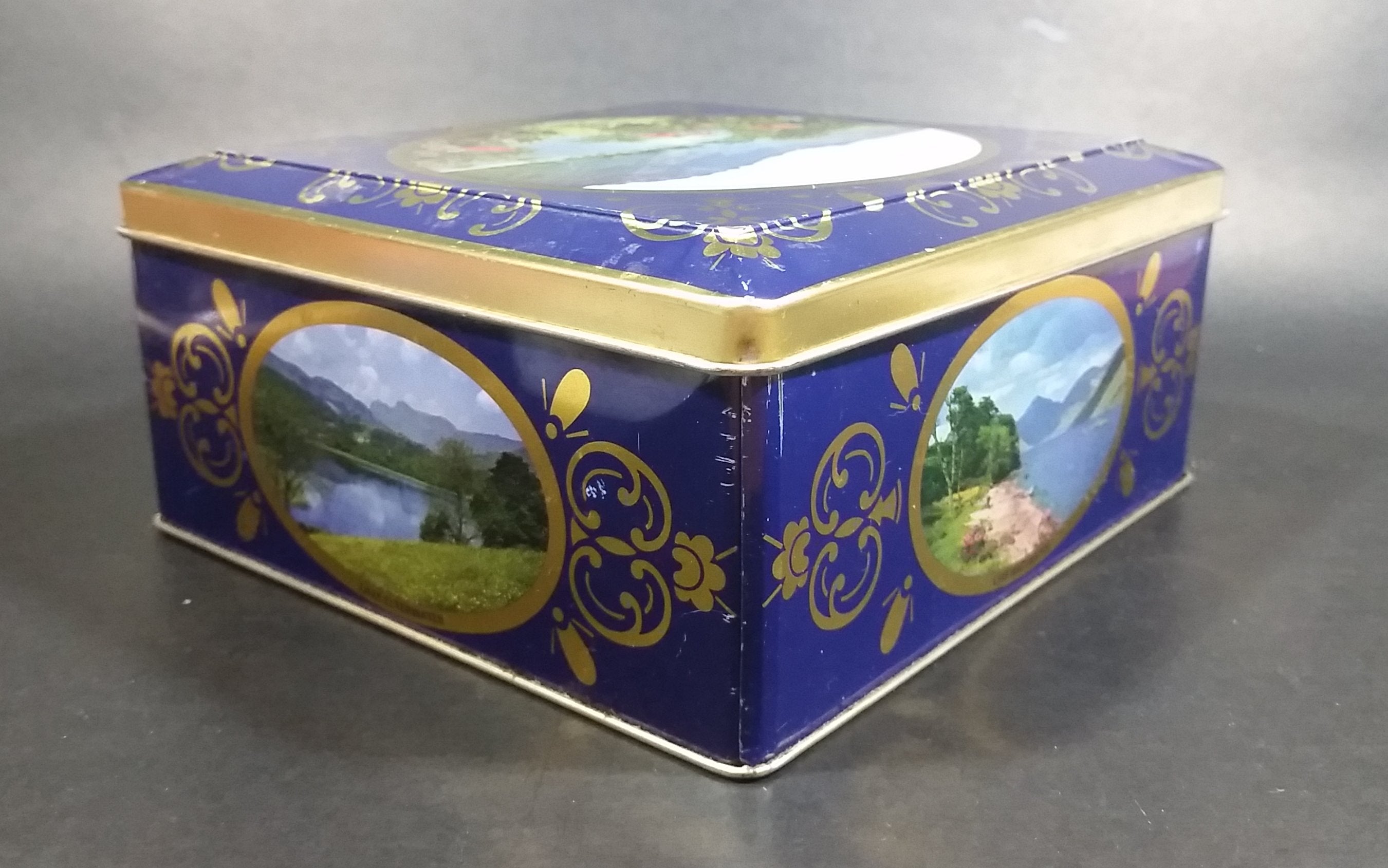 Vintage St Michael Marks & Spencer Biscuits Tin Blue with Gold Motif -  Lake Scenes on each side 6